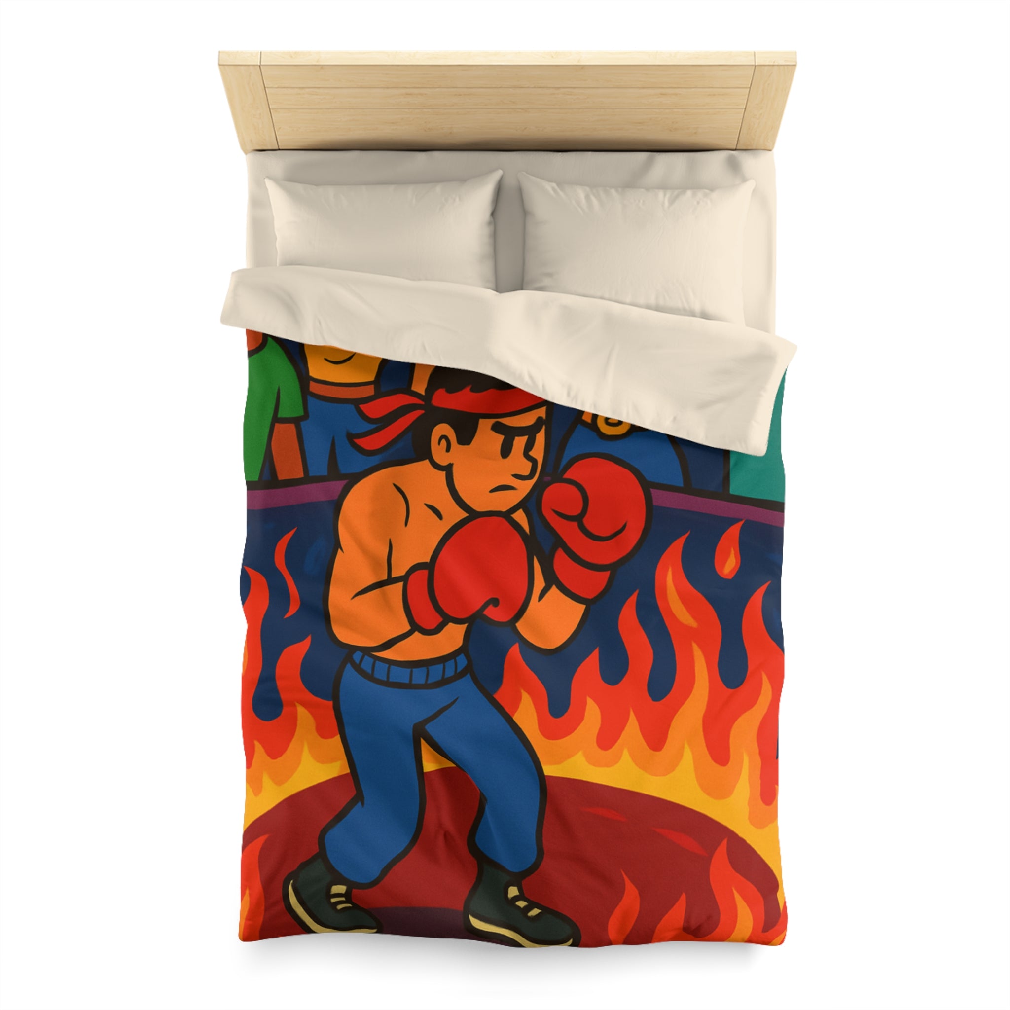 Housse de couette originale avec boxeur entouré de flammes et foule colorée