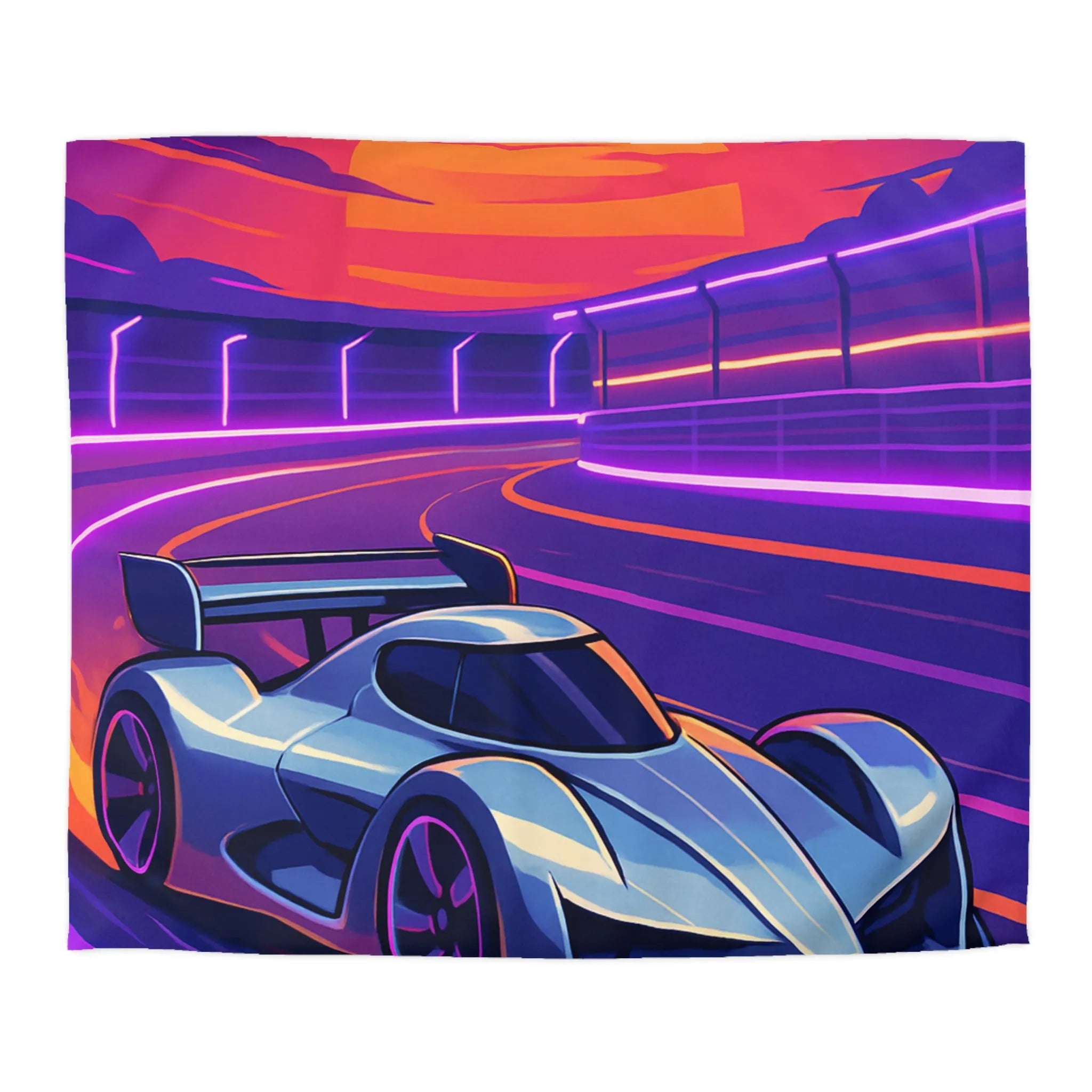 Housse de couette de voiture futuriste dérapante sur circuit éclairé au coucher du soleil