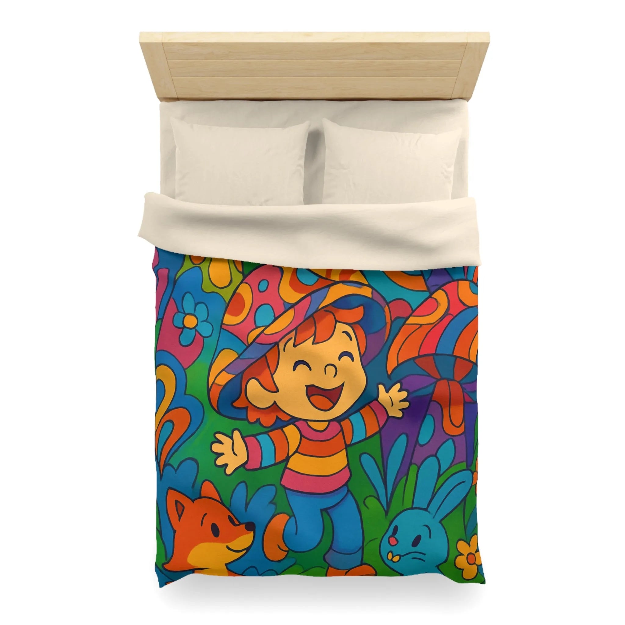 Housse de couette enfant joyeuse avec animaux en forêt style rétro arc-en-ciel