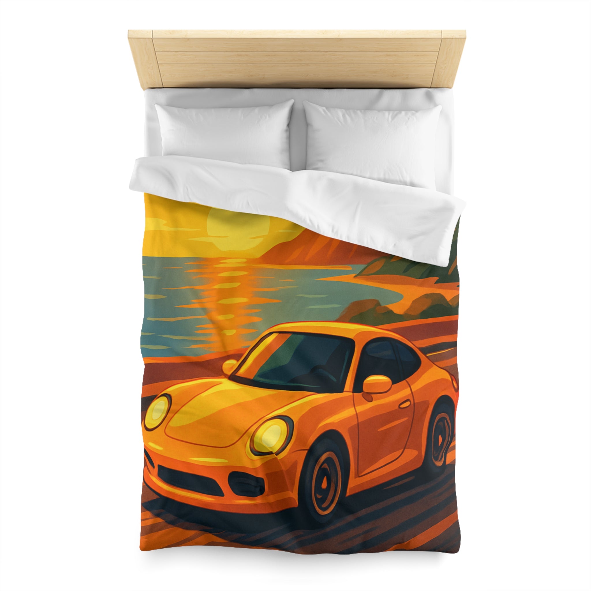 Housse de couette voiture sportive orange route côtière coucher de soleil paysage vibrant