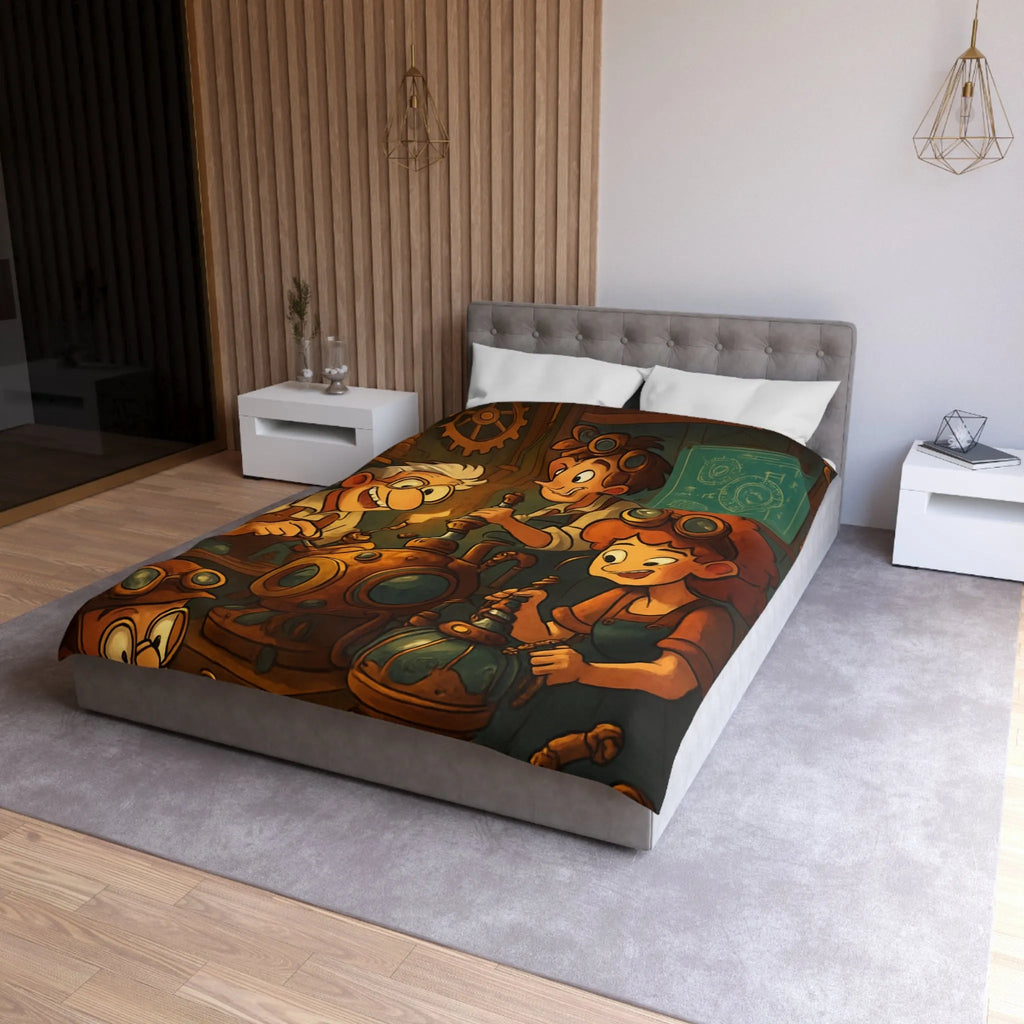 Housse de couette illustrée steampunk avec personnages inventeurs et machines dans atelier