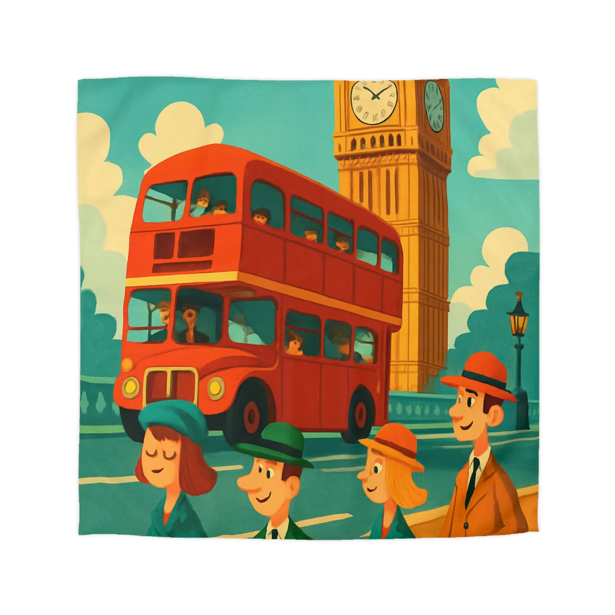 Housse de couette colorée vintage avec bus à impériale et Big Ben rétro
