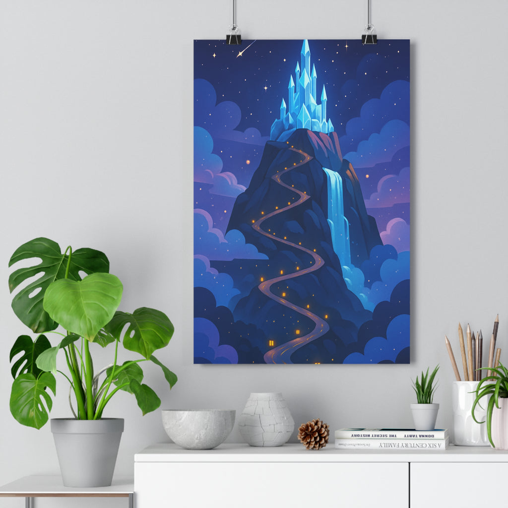 Poster décoratif montagne féérique château glace bleu blanc salon chambre graphique cristallin magique élégant