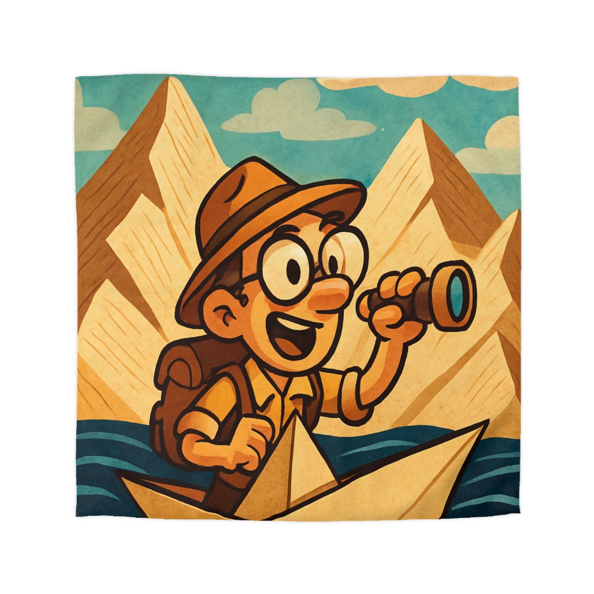 Aventure ludique d'un explorateur sur bateau en papier sous ciel bleu et montagnes