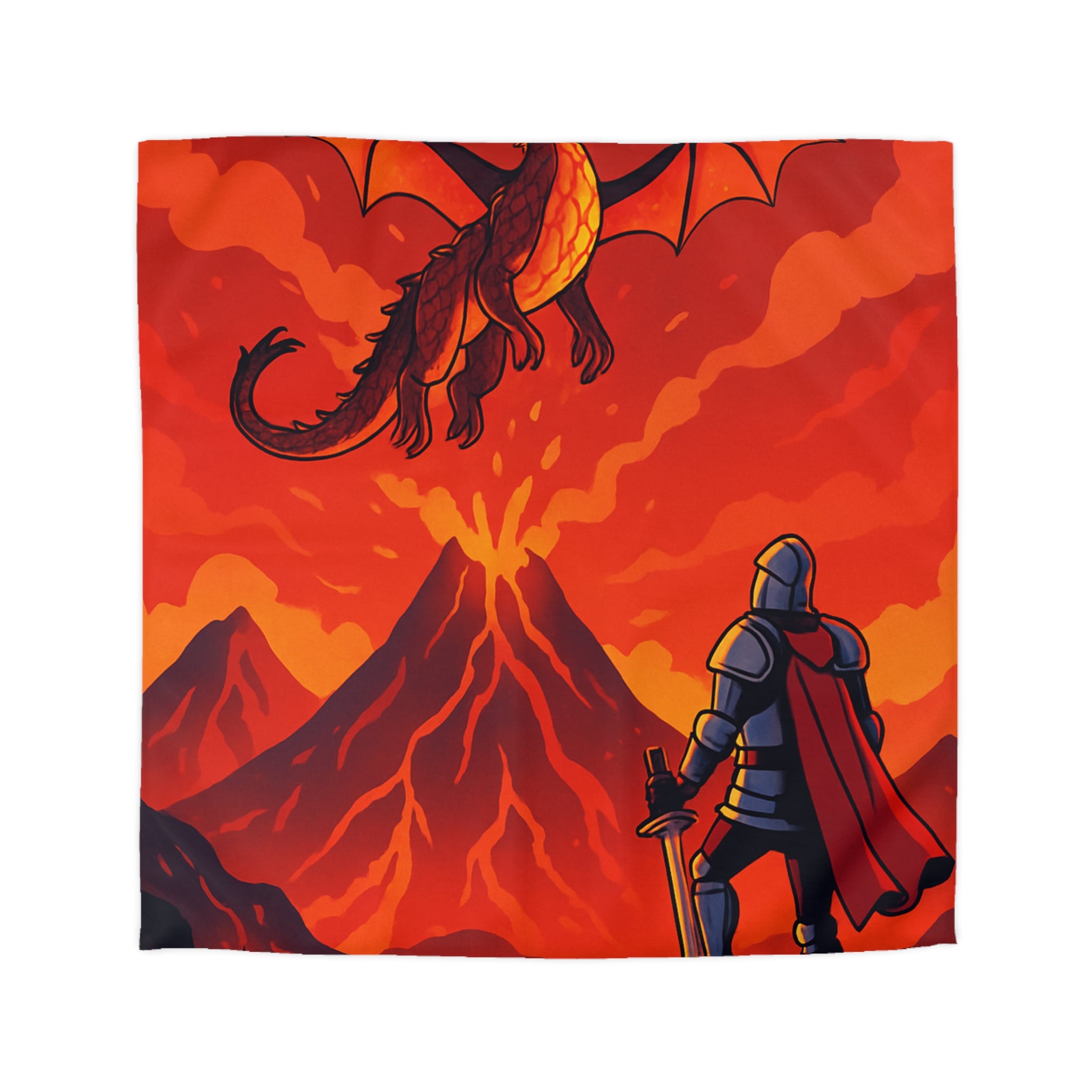 Imposant dragon rouge volant sur volcan en fusion, chevalier en armure contemplatif