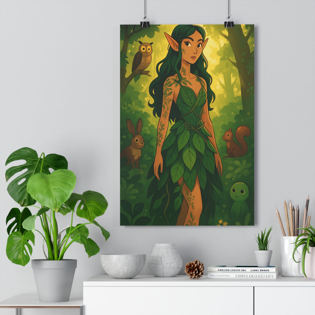 Poster décoratif féerique vert jaune nature mystique cartoon chambre salon féminin créatures magique forêt