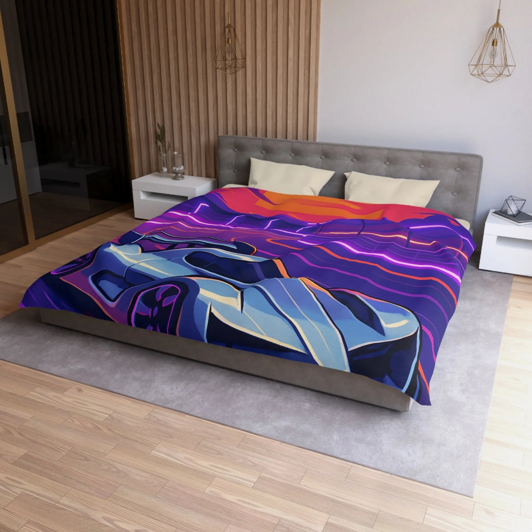 Housse de couette de voiture futuriste dérapante sur circuit éclairé au coucher du soleil