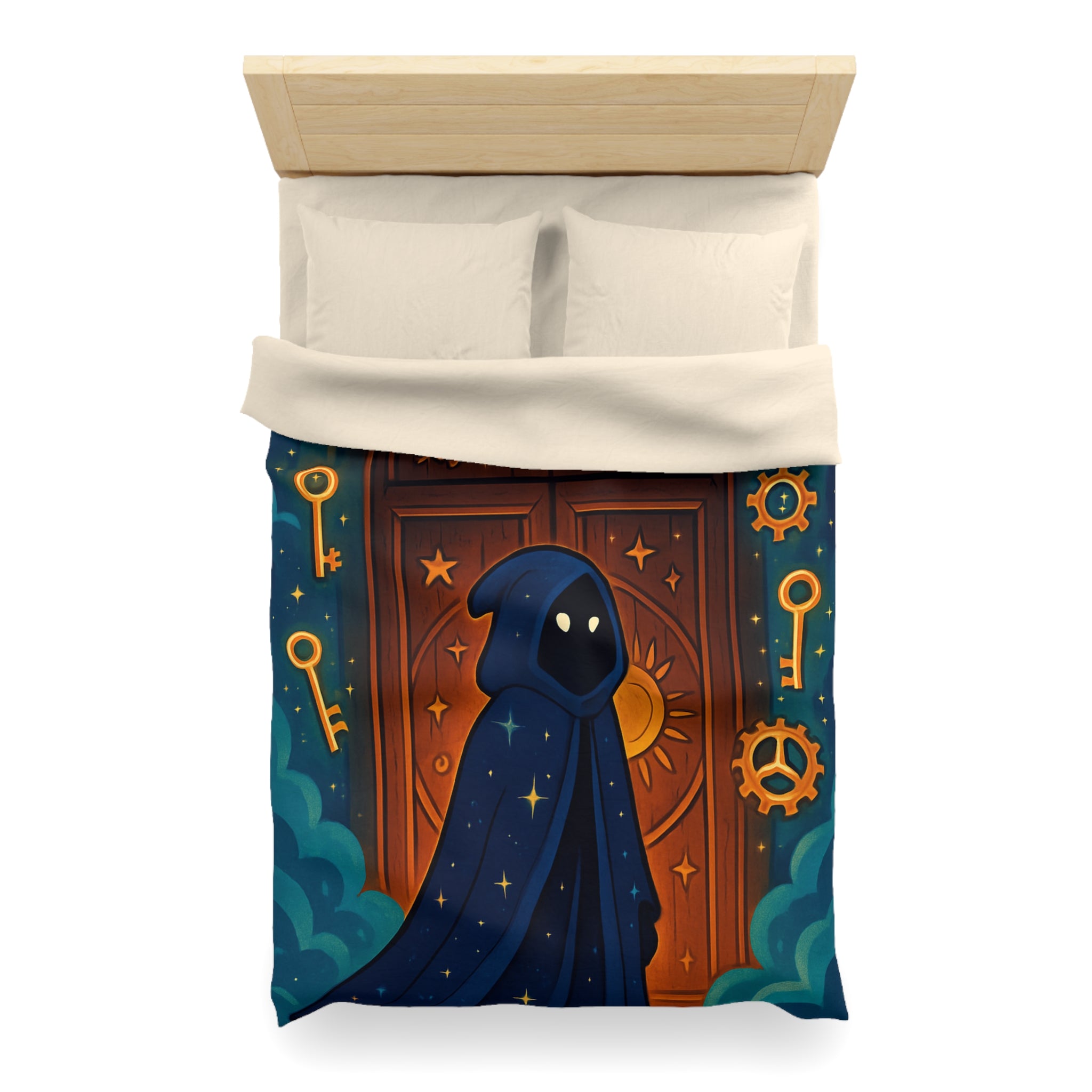 Housse de couette mystique avec capuche étoilée, porte magique et clés dorées