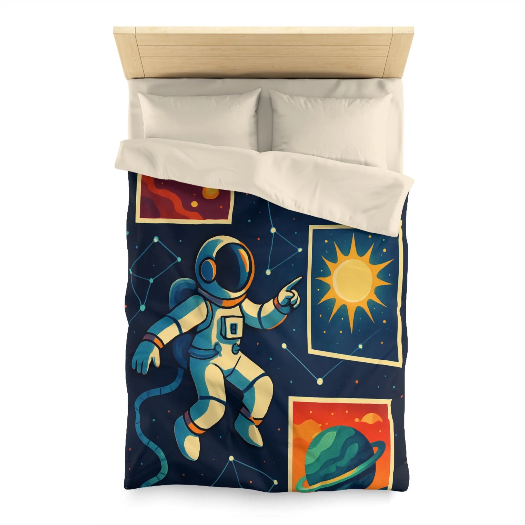 Housse de Couette Espace: Astronaute Flottant parmi Planètes et Constellations, Nuit Étoilée