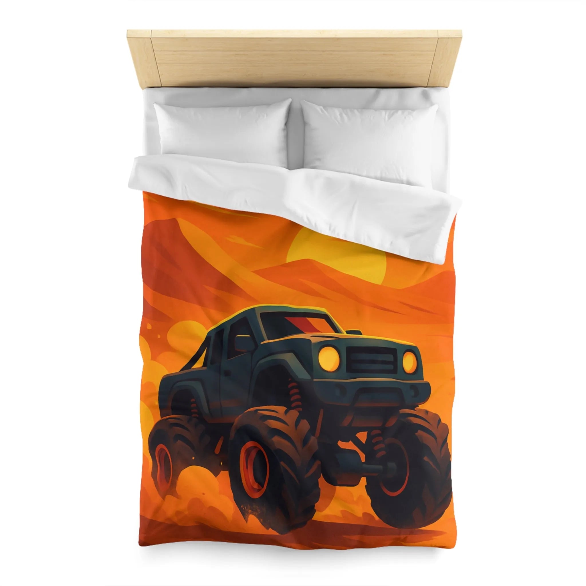 Housse de couette camion monstres désert coucher de soleil aventure pour chambre d'enfant