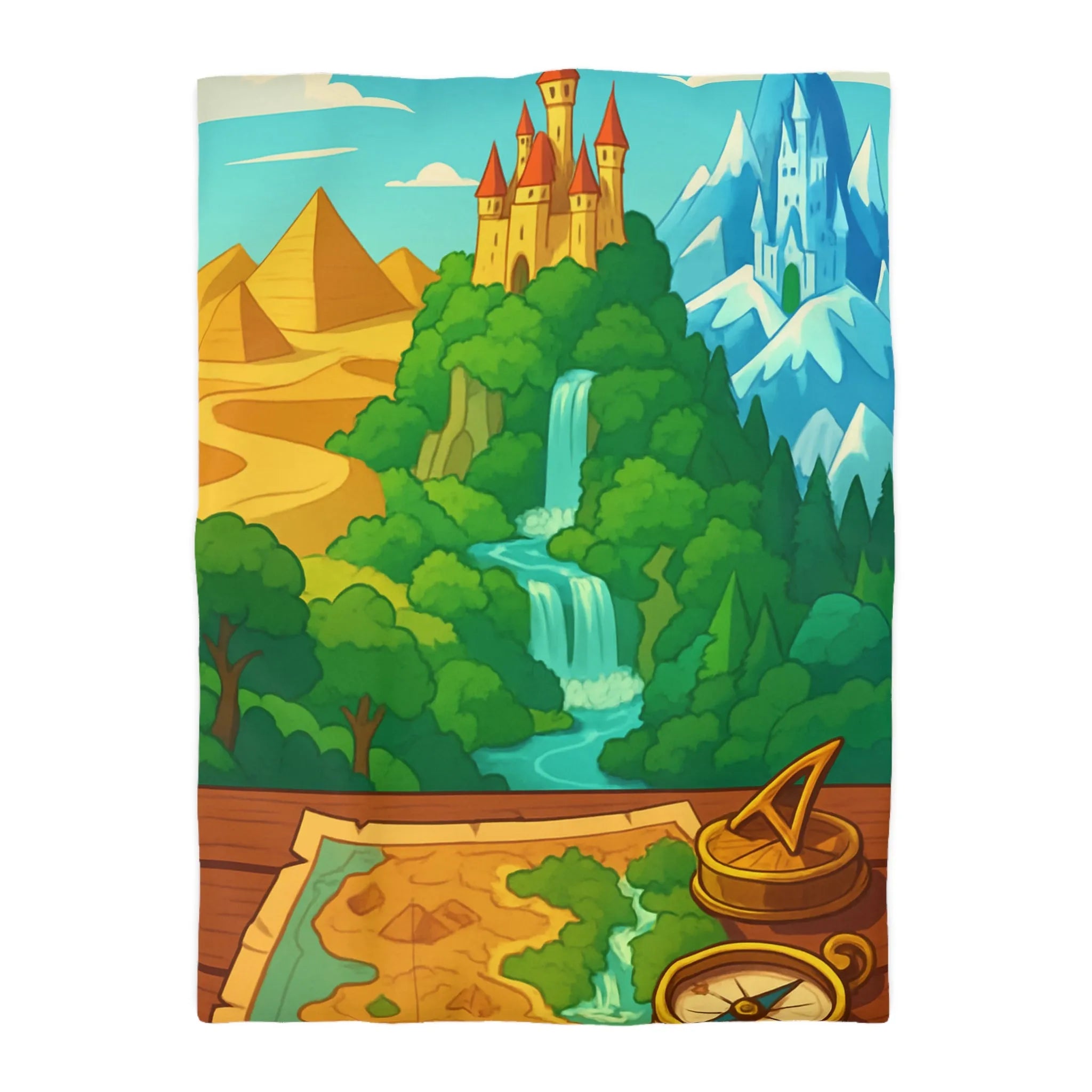 Housse de couette carte au trésor avec châteaux, montagnes et boussole enchanteresse pour enfants