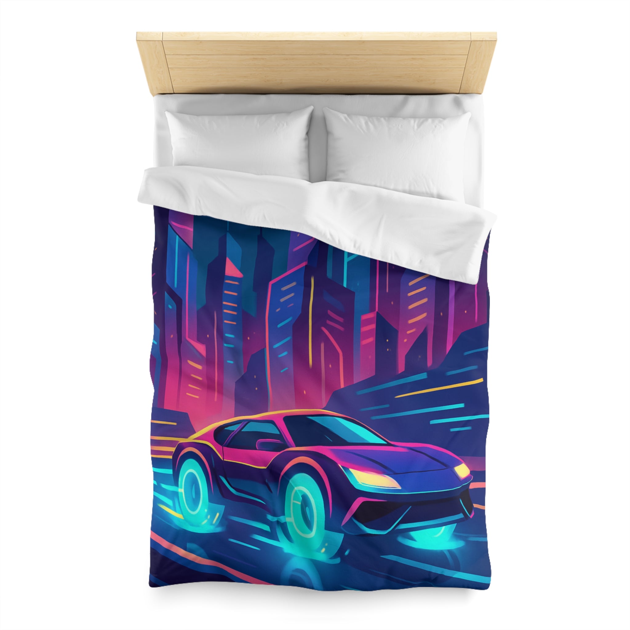 Parure de lit futuriste avec voiture néon sous lune pleine en ville vibrante