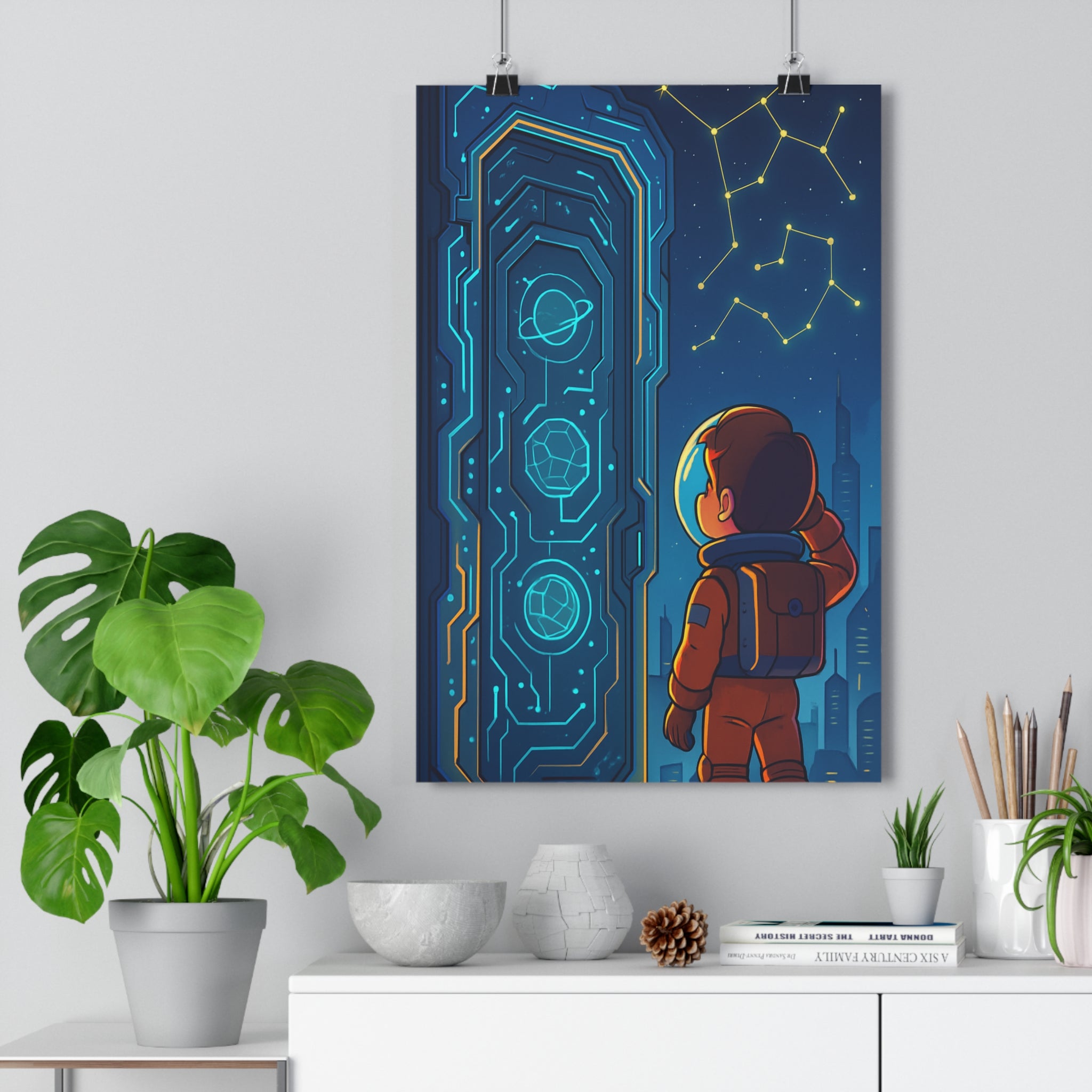 Poster décoratif astronaute futuriste bleu orange animation numérique sciencefiction chambre bureau 30x46 cm qualité