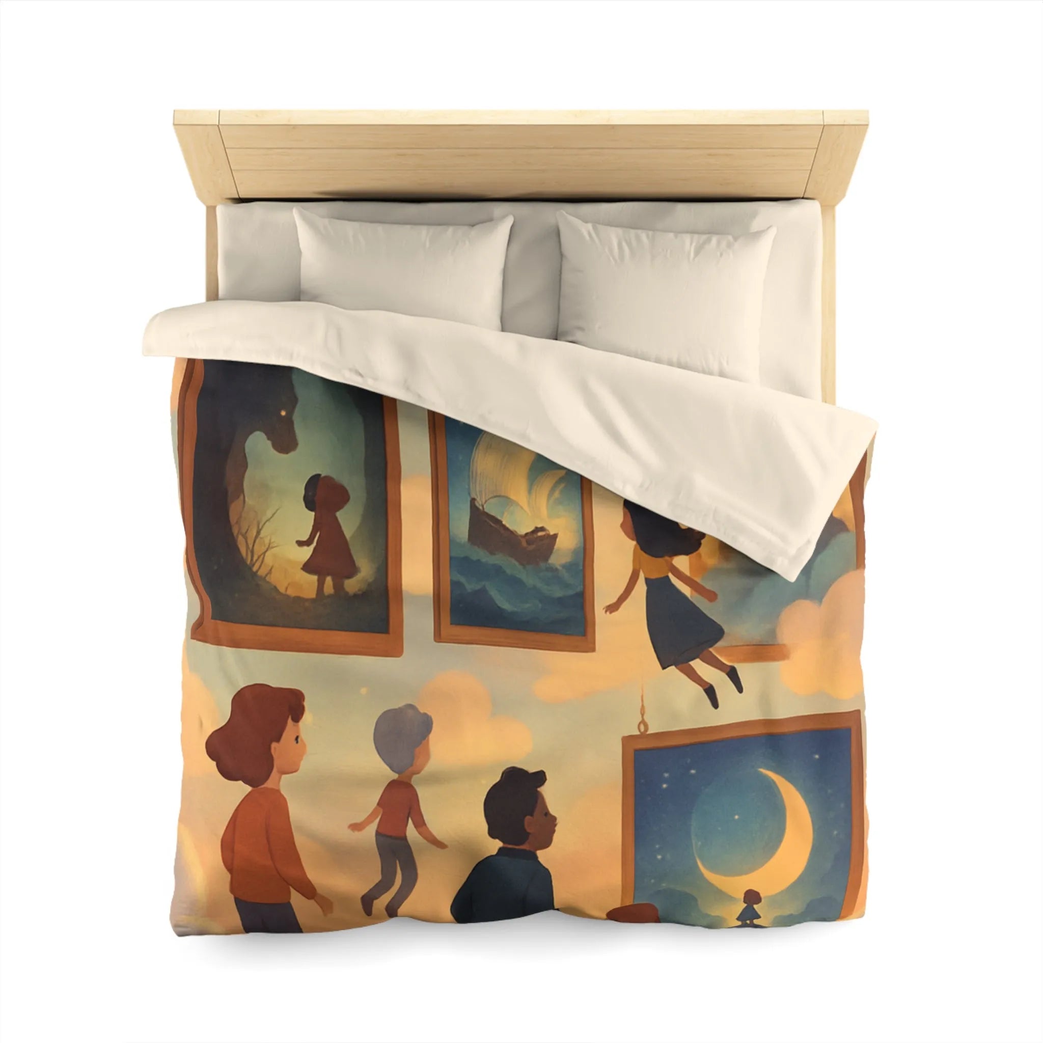 Housse de couette avec enfants volant parmi des tableaux de contes et de rêves