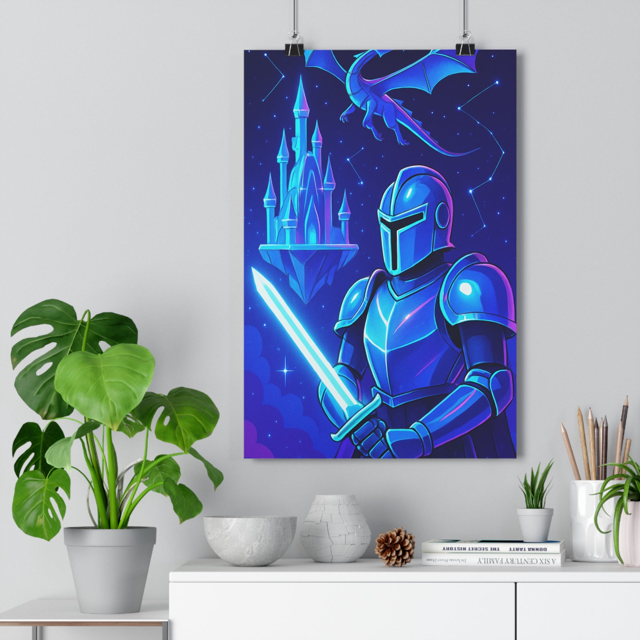 Poster décoratif chevalier galactique bleu violet cartoon épique mystique chambre salon bureau fantastique scifi