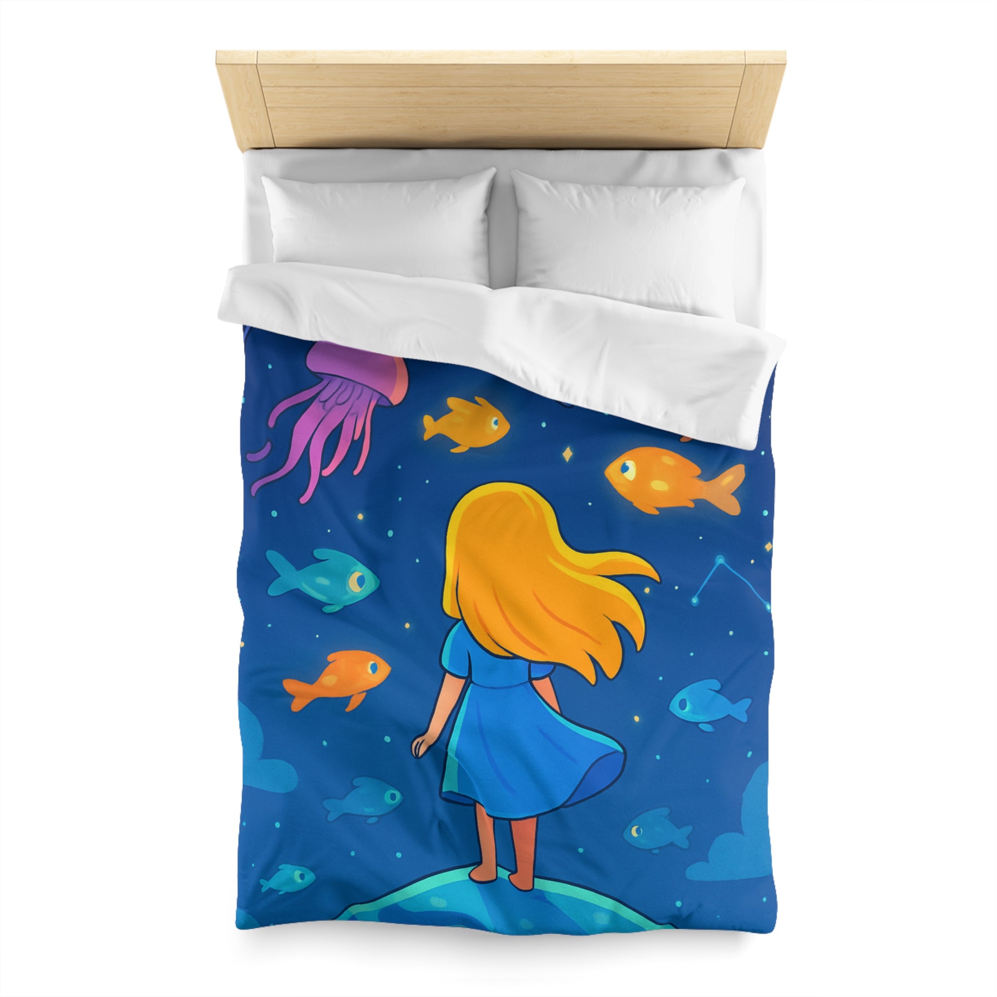 Housse de couette océane enfantine avec animaux marins, étoile ciel bleu magique