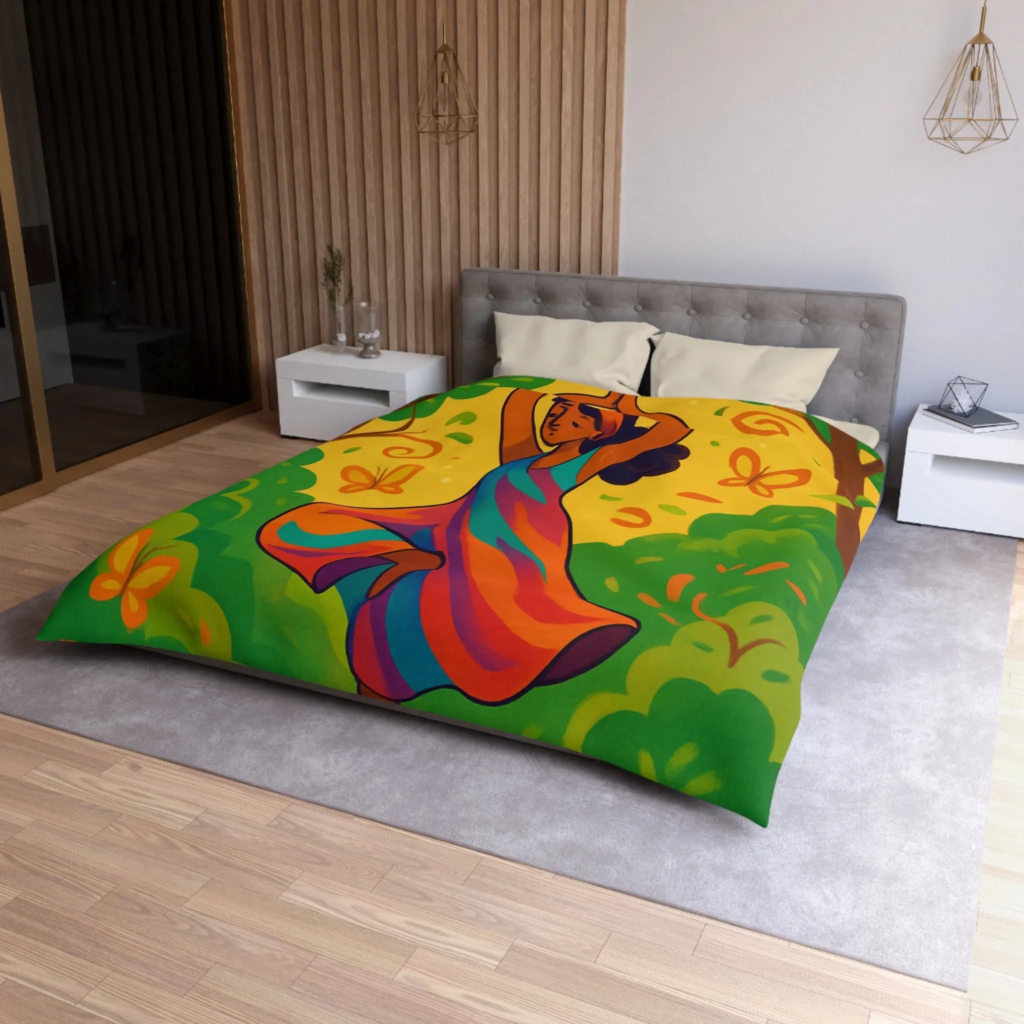 Housse de Couette Colorée avec Motif Filles et Papillons dans Forêt Enchantée