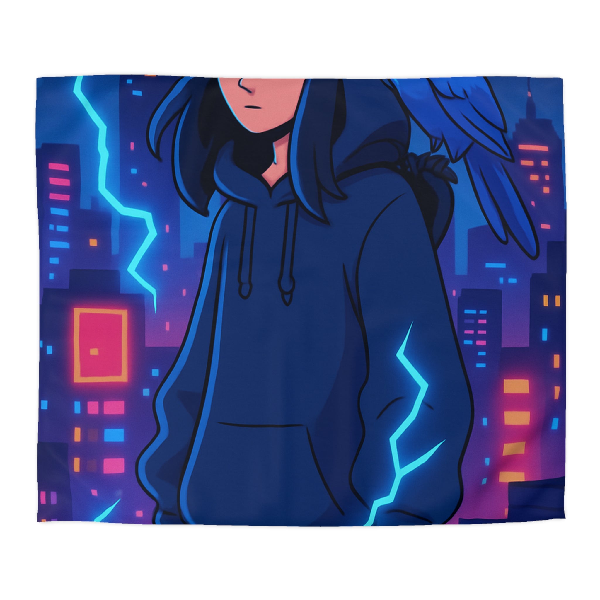 Tendance housse de couette bleu foncé avec motif urbain et perroquet électrique