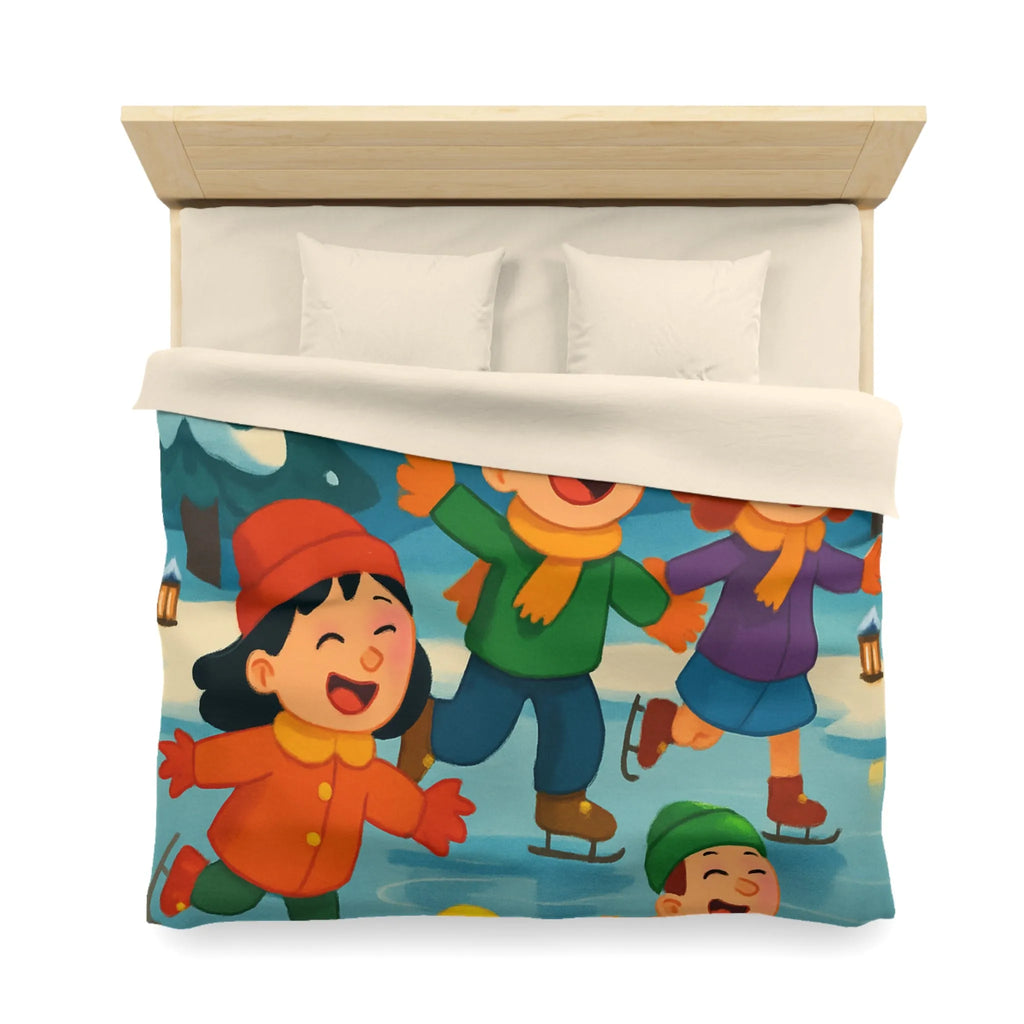 Housse de couette hiver joyeuse avec enfants et petits canards patinant sur glace