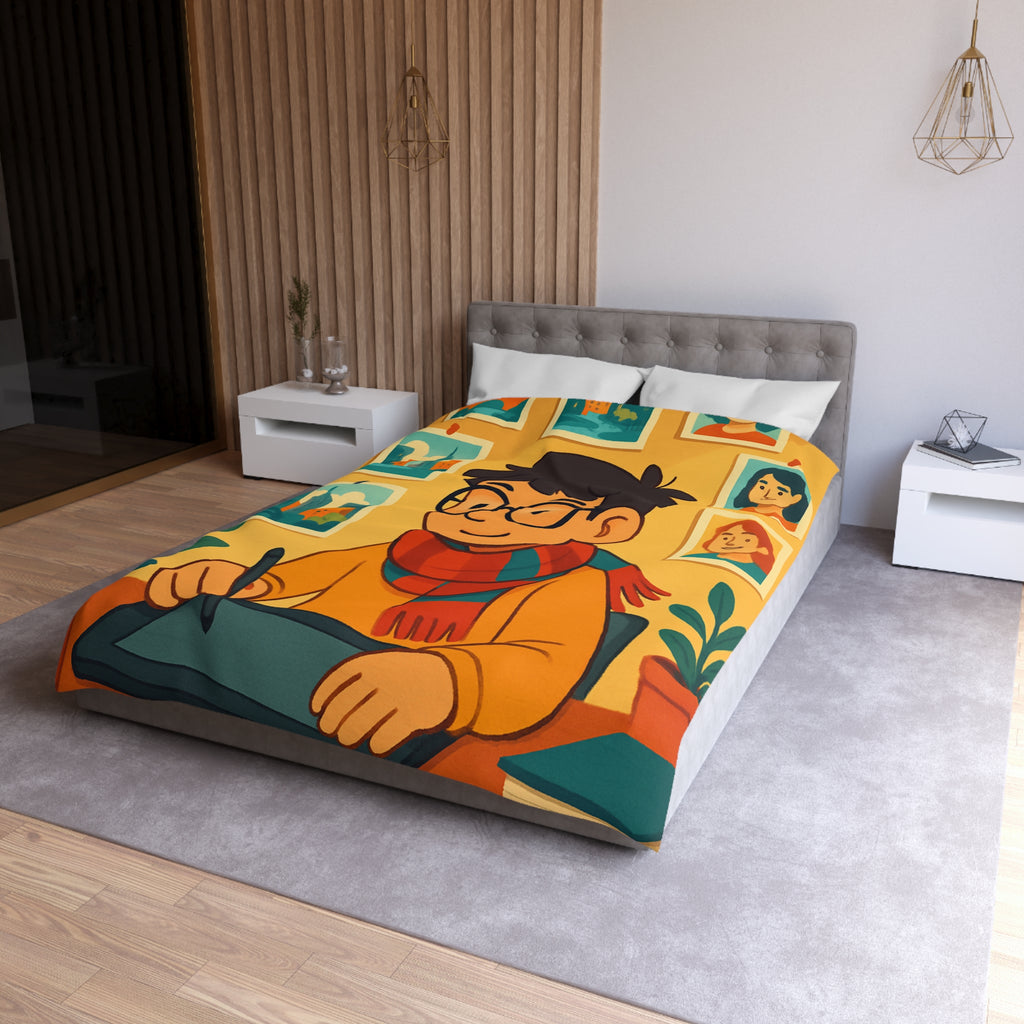 Housse de couette moderne avec illustrations colorées d'artiste travaillant dans un studio créatif