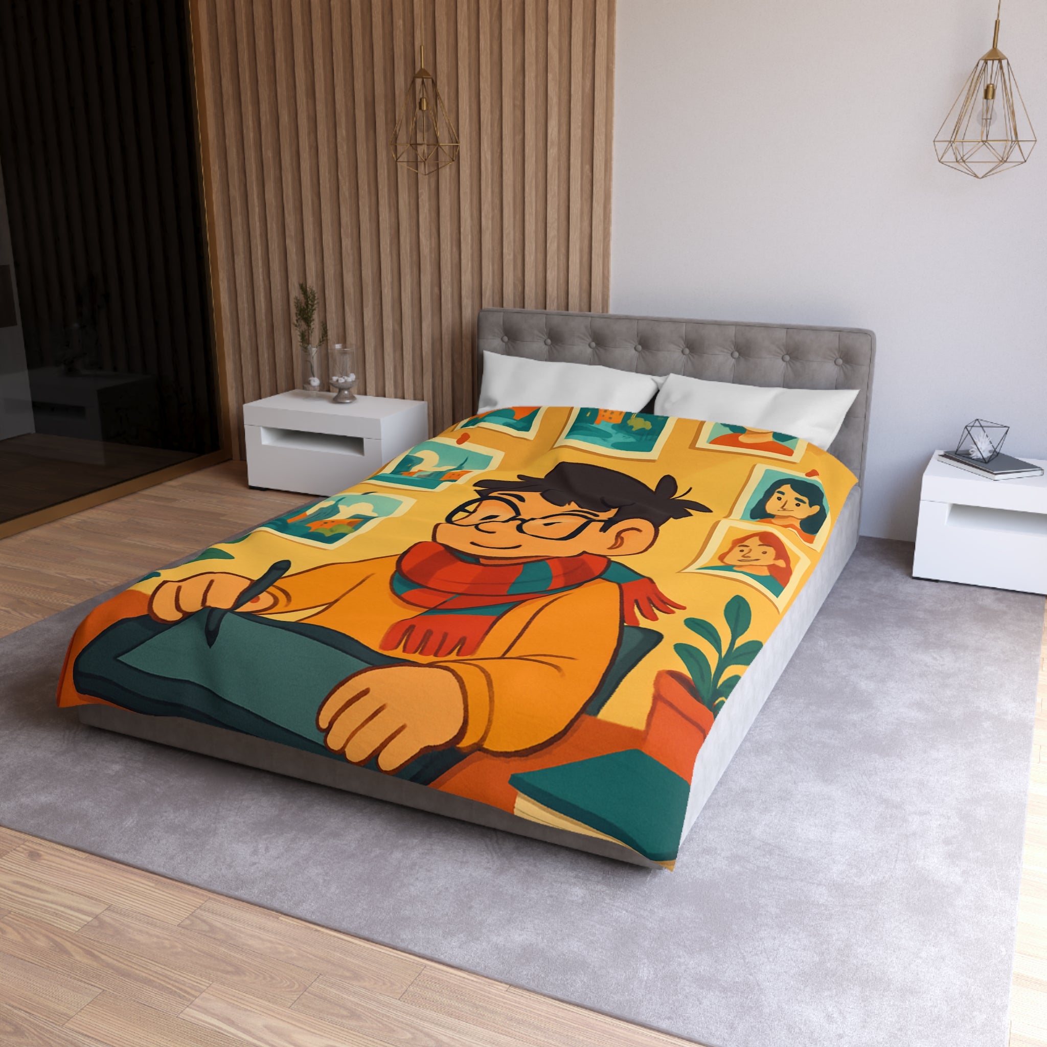 Housse de couette moderne avec illustrations colorées d'artiste travaillant dans un studio créatif