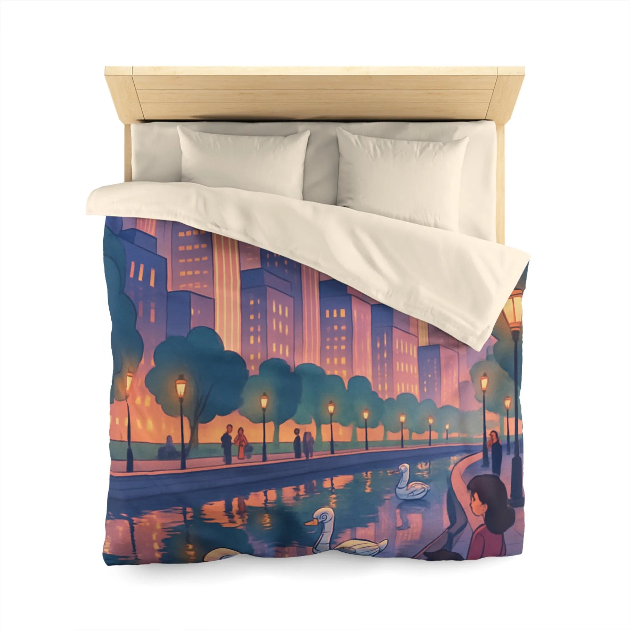 Housse de couette illustrée avec cygnes et skyline urbaine au coucher du soleil
