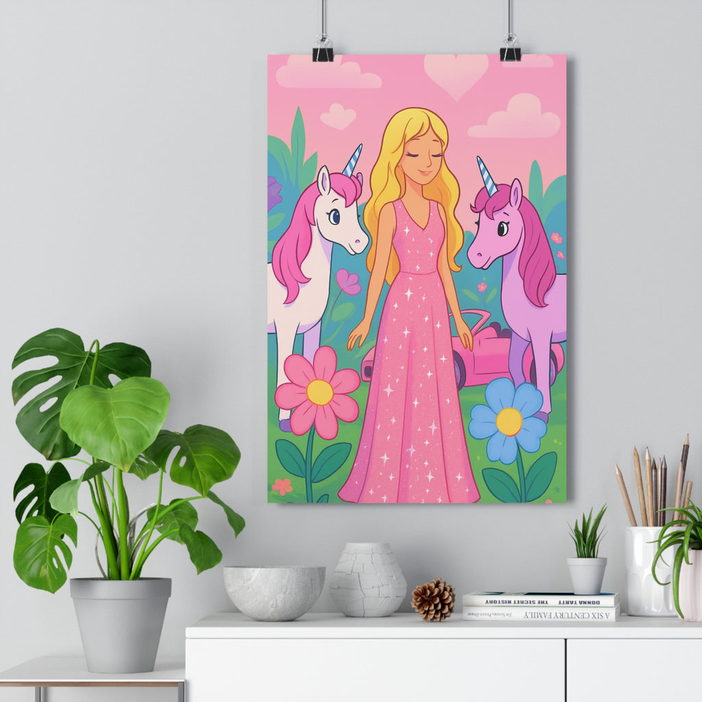 Poster décoratif rose glamour moderne magique chambre enfant scène enchantée fille licorne joyeux vibrant