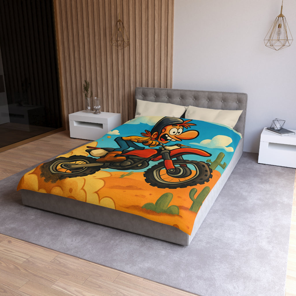 Motard animé sur motocross sautant à travers désert coloré avec cactus et nuages