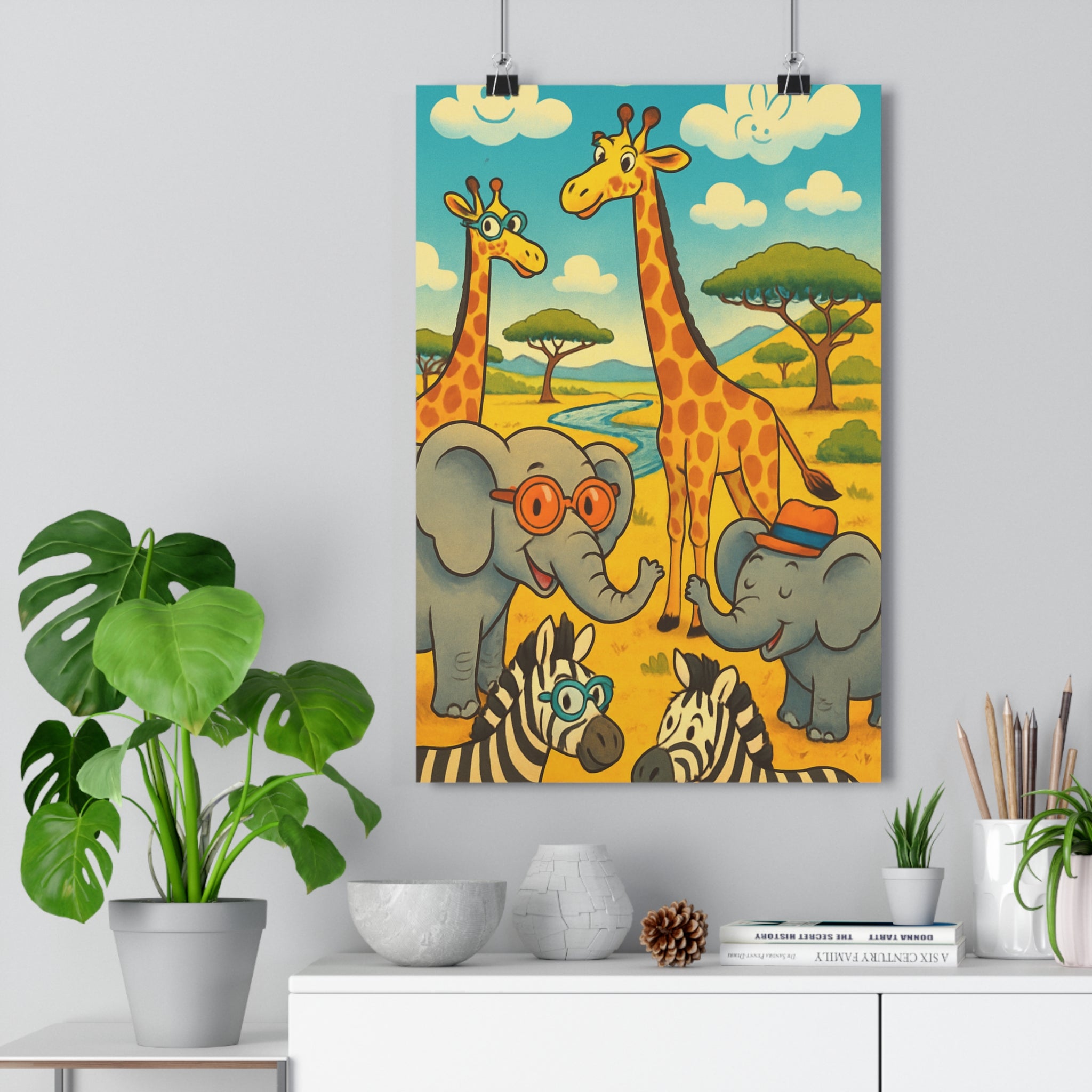 Poster décoratif cartoon safari joyeux coloré enfant girafe éléphant zèbre savane chambre aventure ambiance