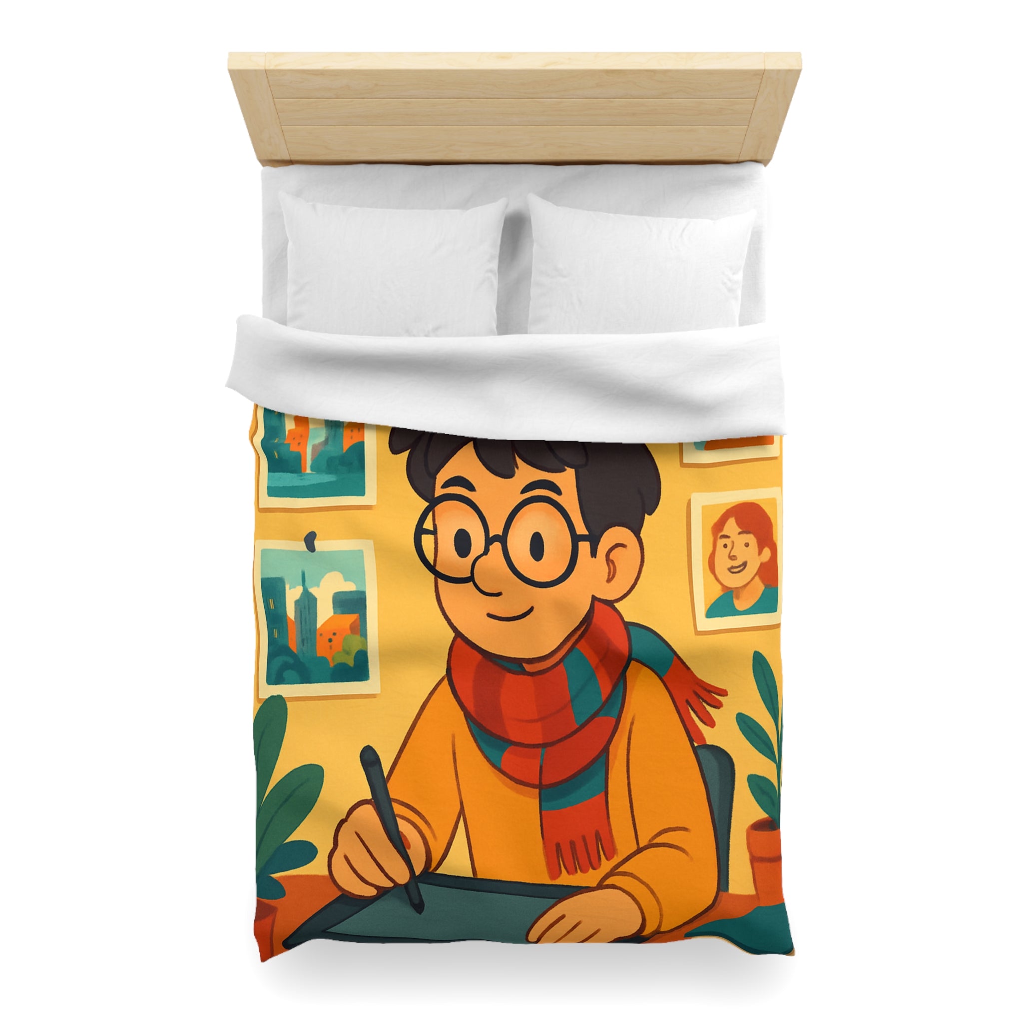 Housse de couette moderne avec illustrations colorées d'artiste travaillant dans un studio créatif