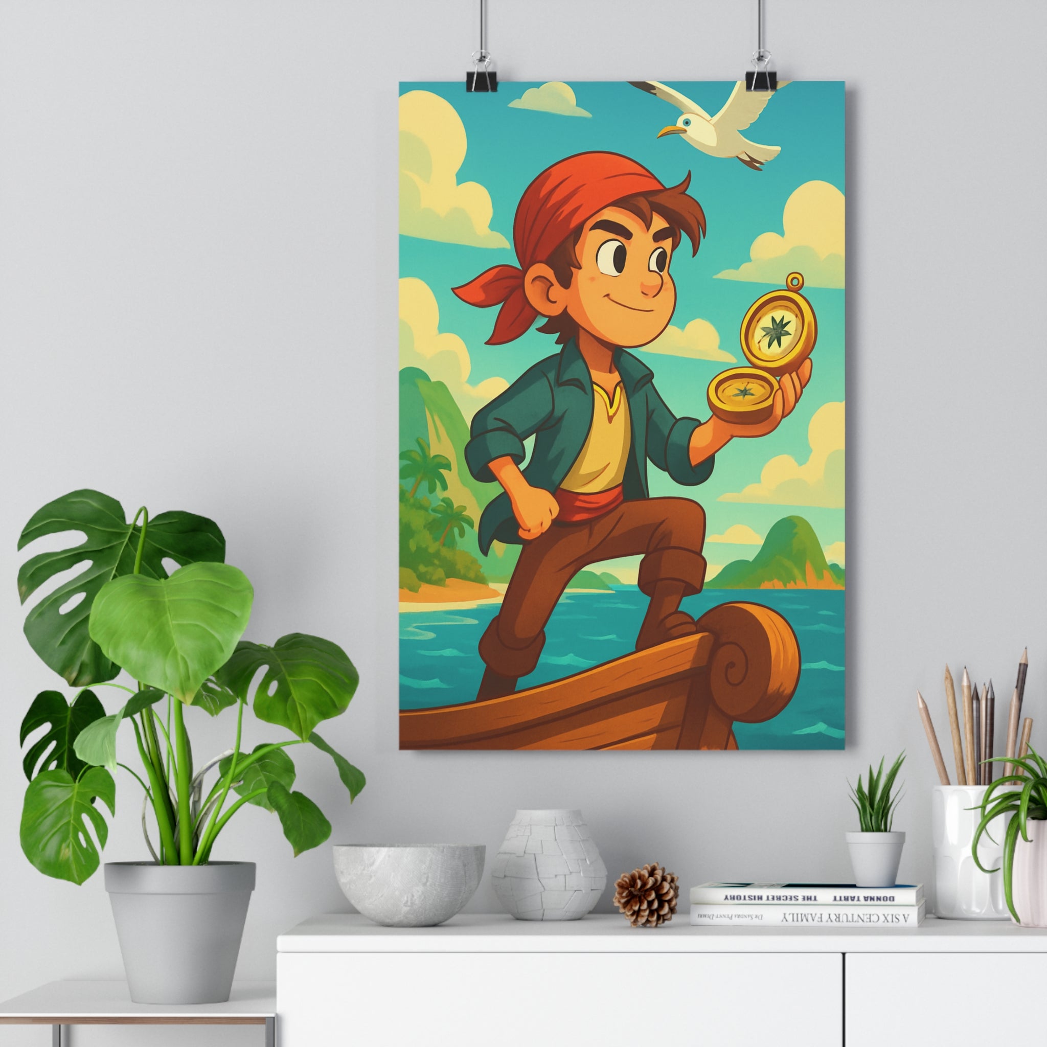 Poster décoratif animé rouge bleu vibrant joyeux chambre enfant aventure exploration île horizon bateau