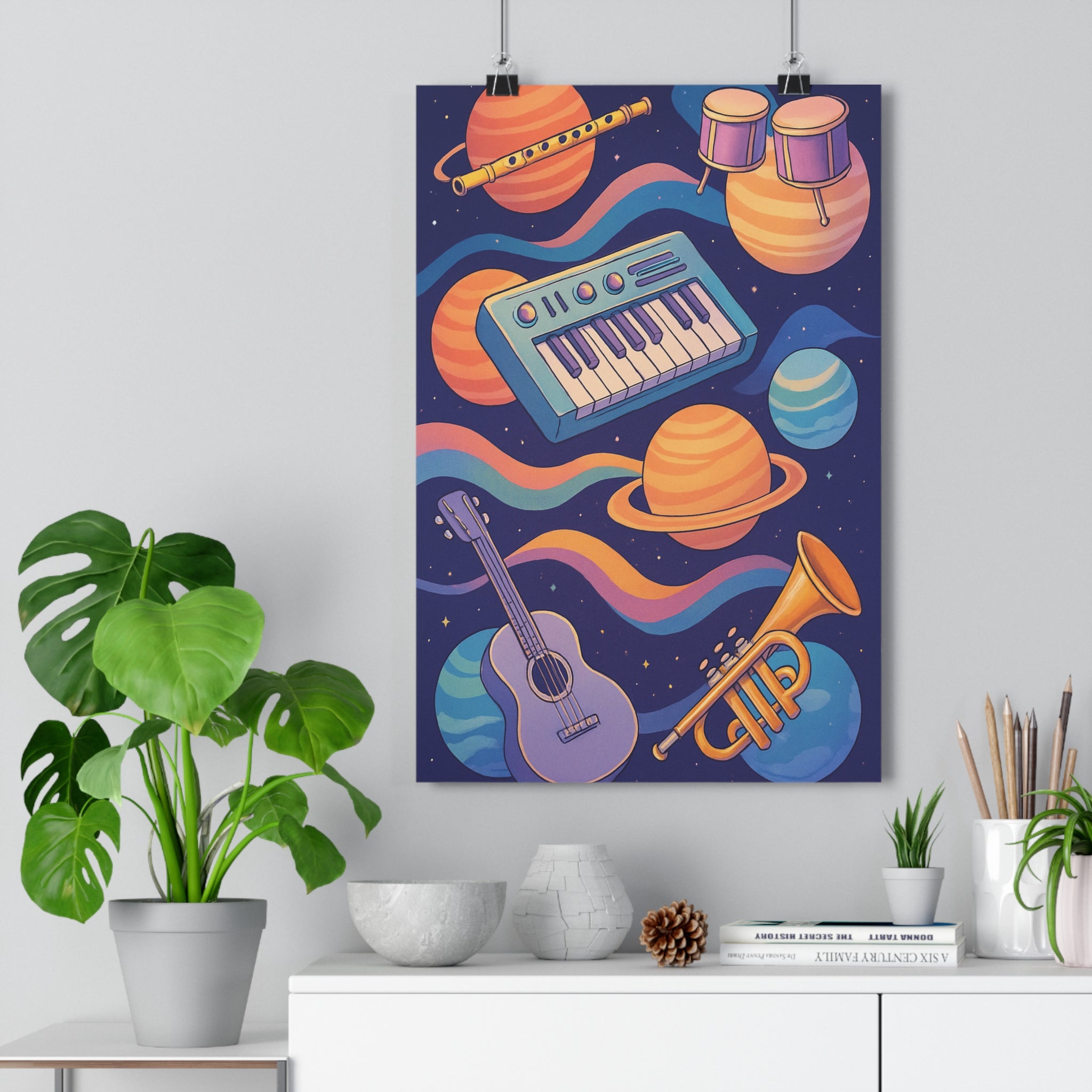 Poster décoratif cartoon couleurs vives solaire musical planètes instruments ludique chambre salon rêveur ambiance