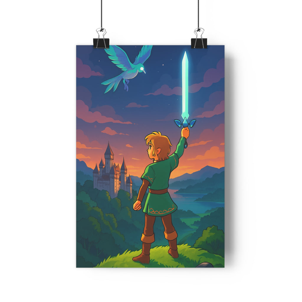 Poster décoratif cartoon épique fantastique lumineux héros épée château chambre enfant couleur ambiance aventure