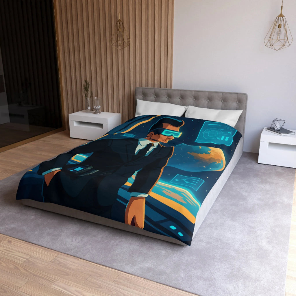 Housse de couette futuriste avec agent spatial et paysages cosmiques numériques immersifs