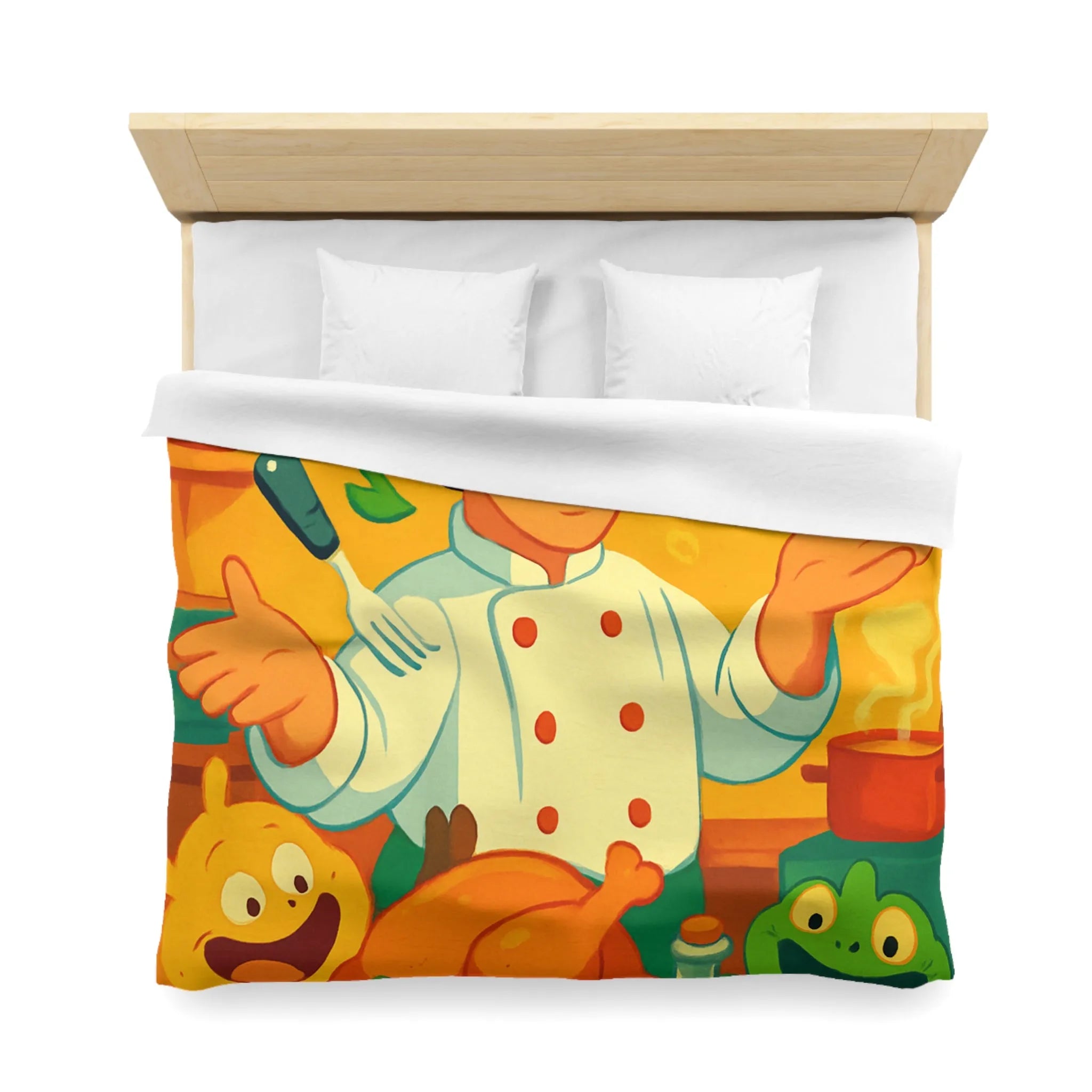 Housse de couette colorée avec chef animé, légumes et ustensiles pour enfants