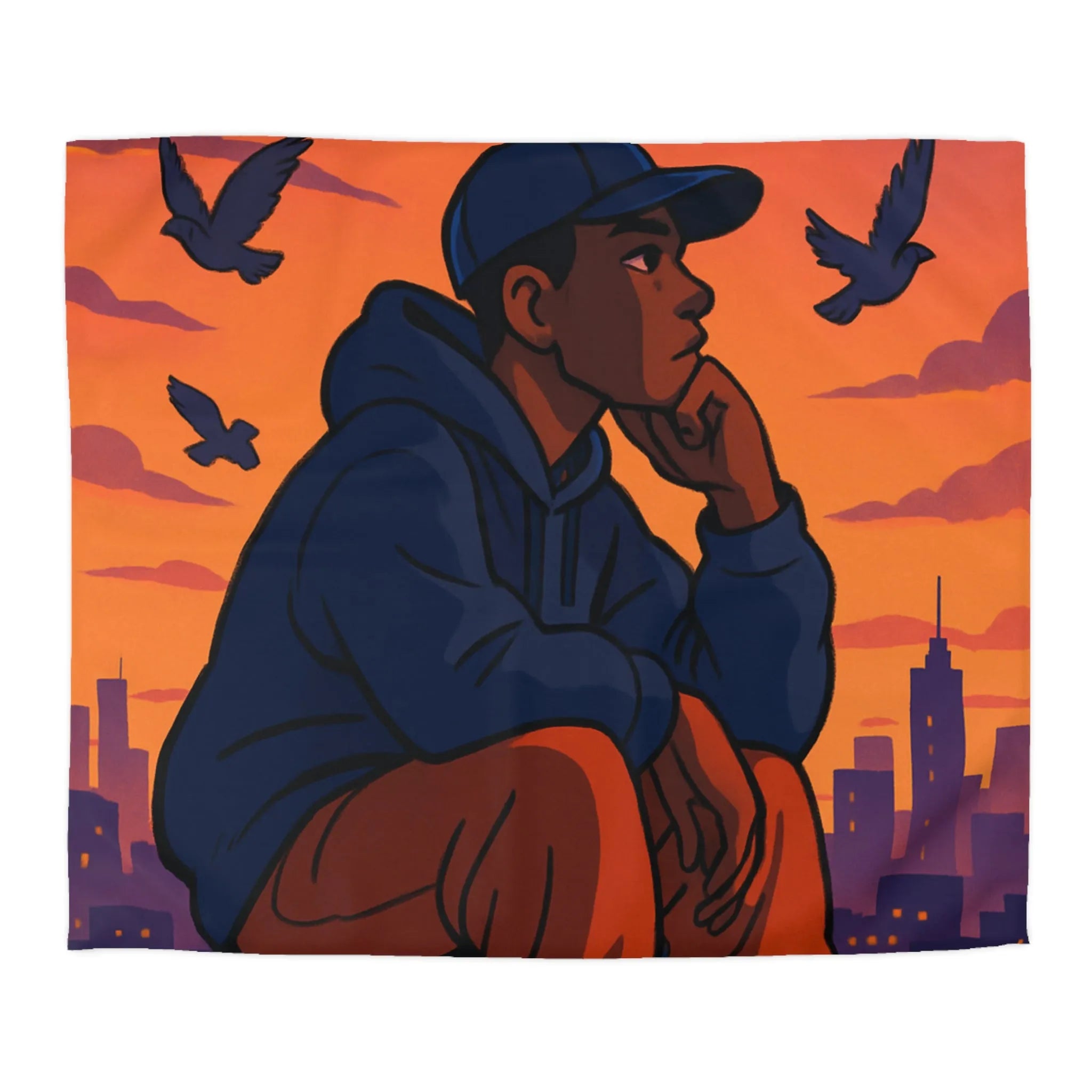 Housse de couette au design urbain moderne avec ciel crépusculaire et silhouette pensive