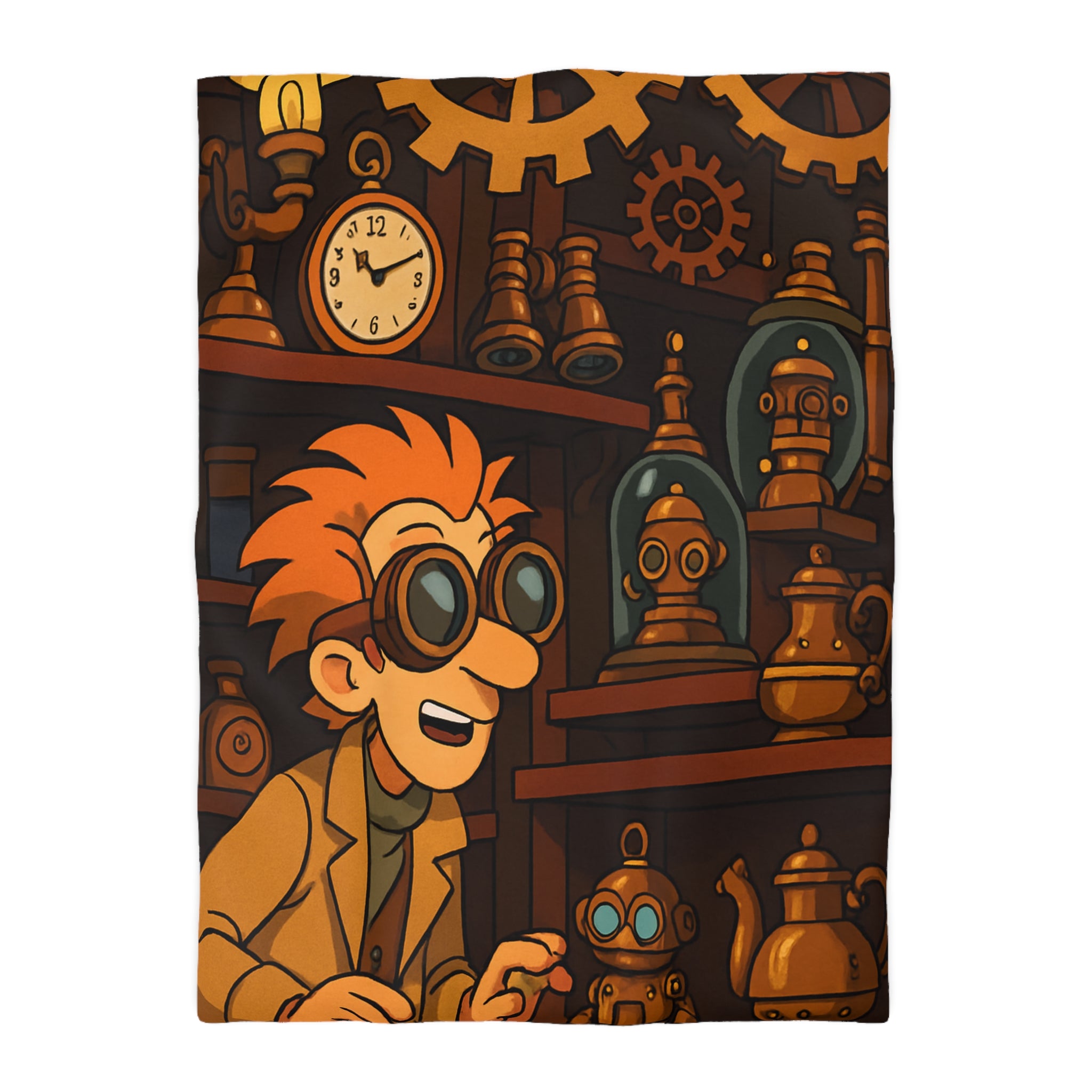 Housse de couette steampunk avec engrenages dorés et inventeur aux lunettes futuristes