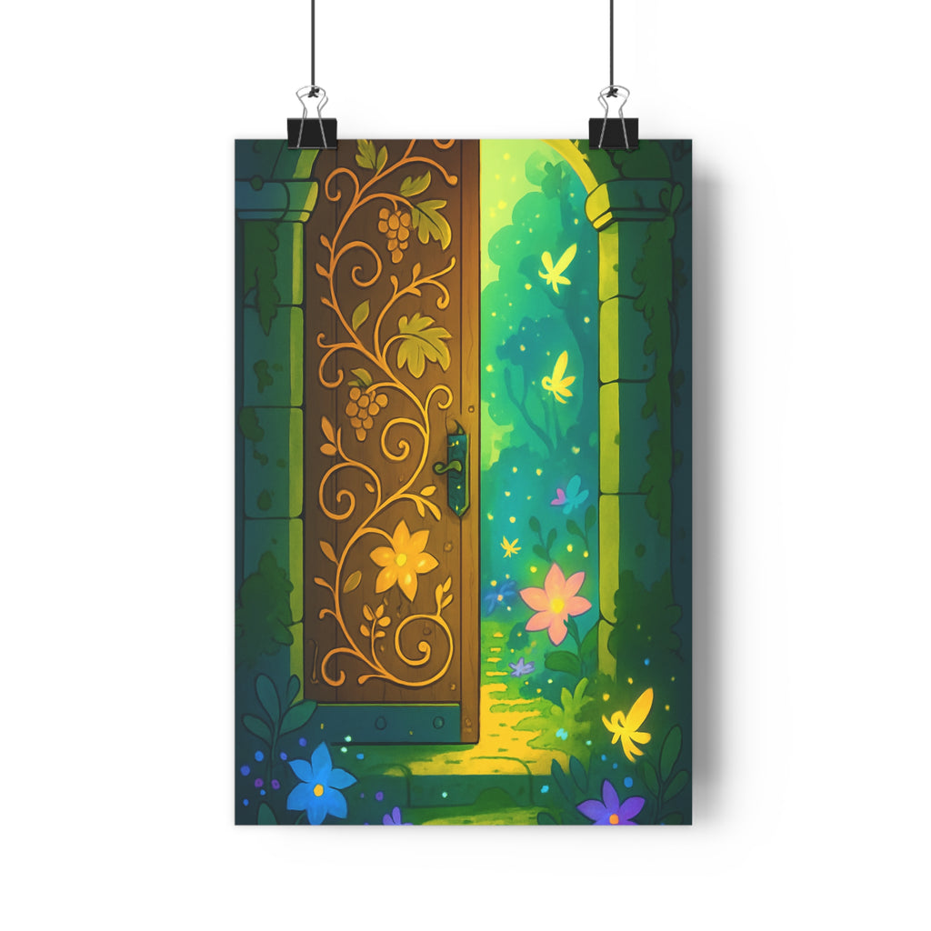 Poster décoratif fantaisie vert bleu jaune magique mystique salon chambre enfant nature créature enchanté