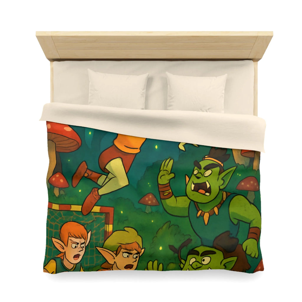 Housse de couette d’elfes joueurs de handball dans une forêt magique illuminée