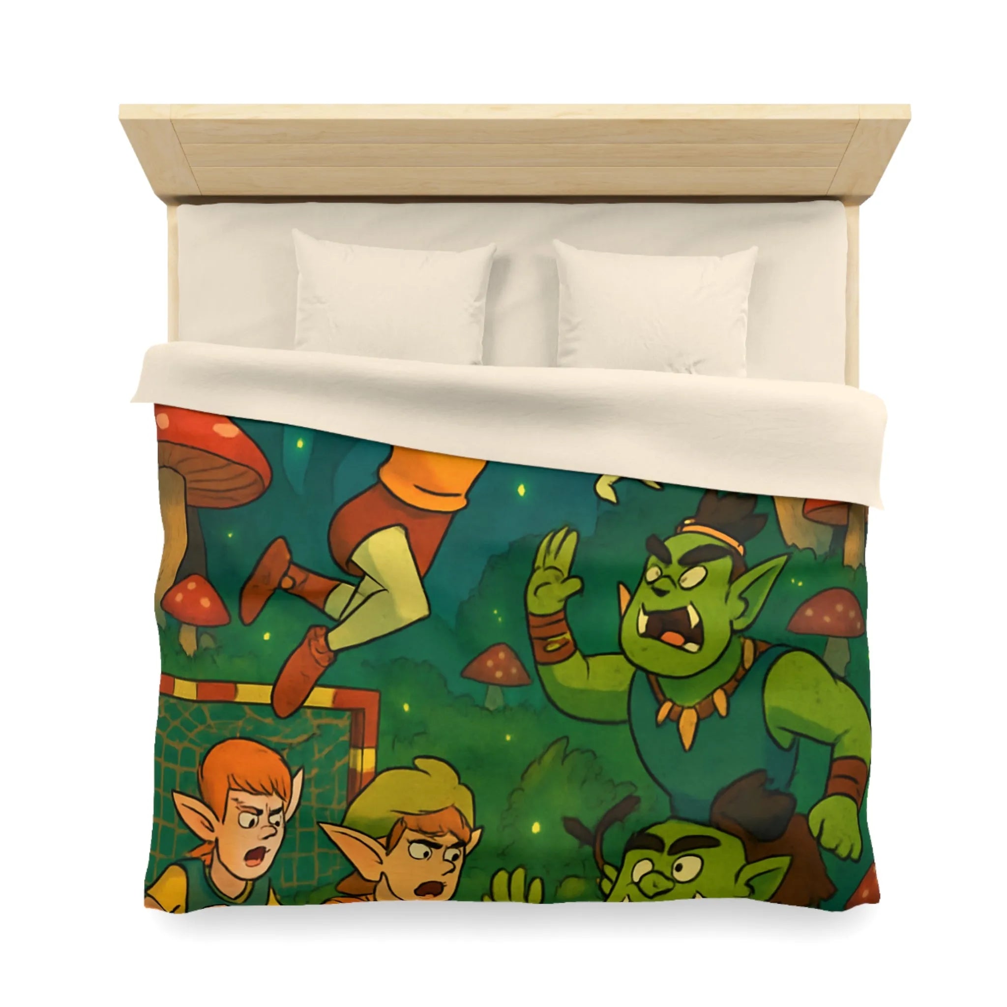 Housse de couette d’elfes joueurs de handball dans une forêt magique illuminée