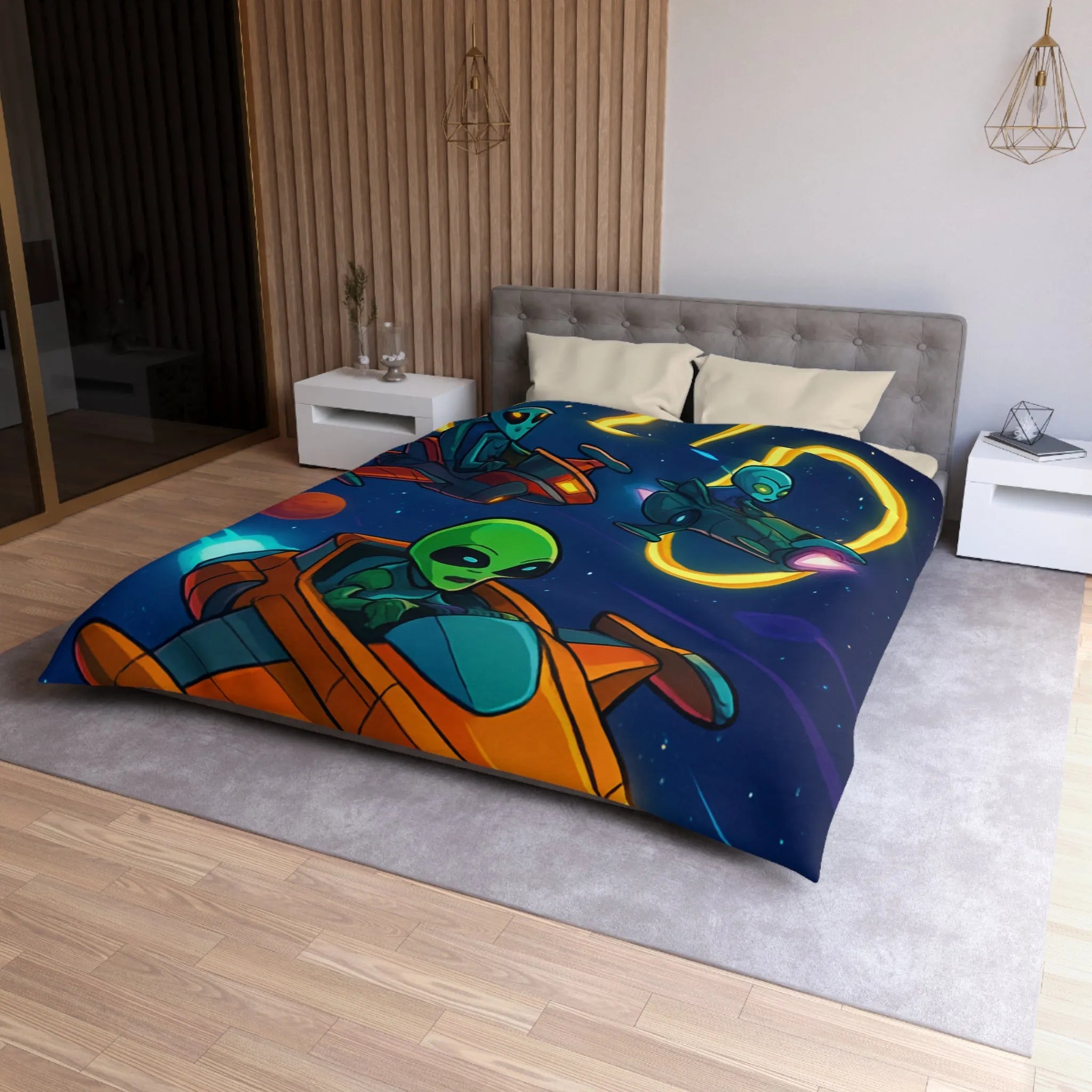 Housse de Couette avec Motifs d'Aliens en Course Spatiale et Anneaux Lumineux