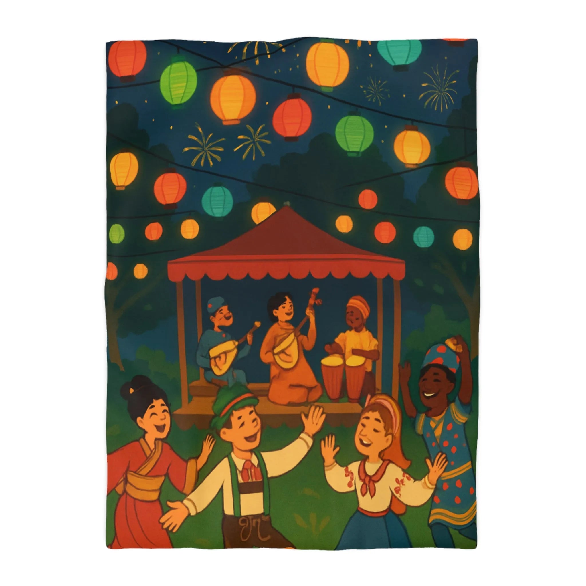 Housse de Couette Enfant Festive avec Lanternes Colorées et Scène de Musique en Plein Air