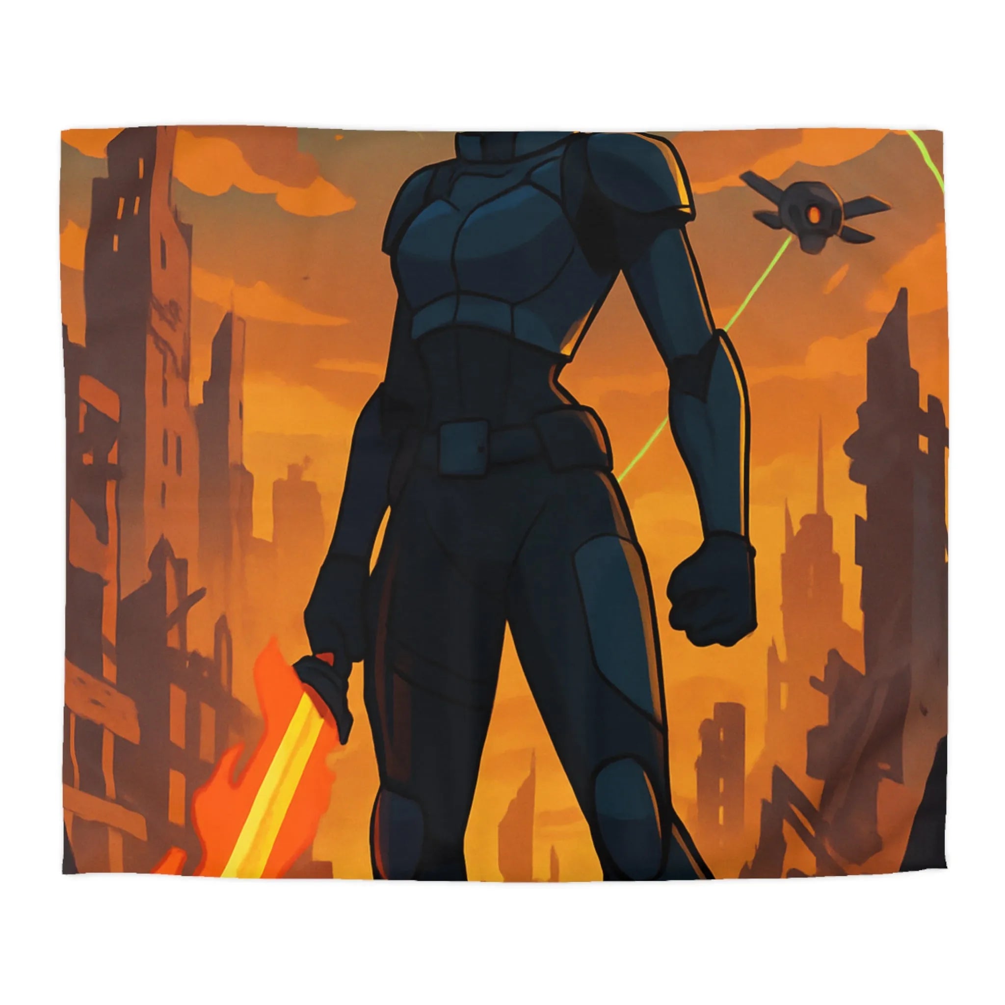 Housse de couette héroïque avec guerrier futuriste, drones volants et paysage apocalyptique