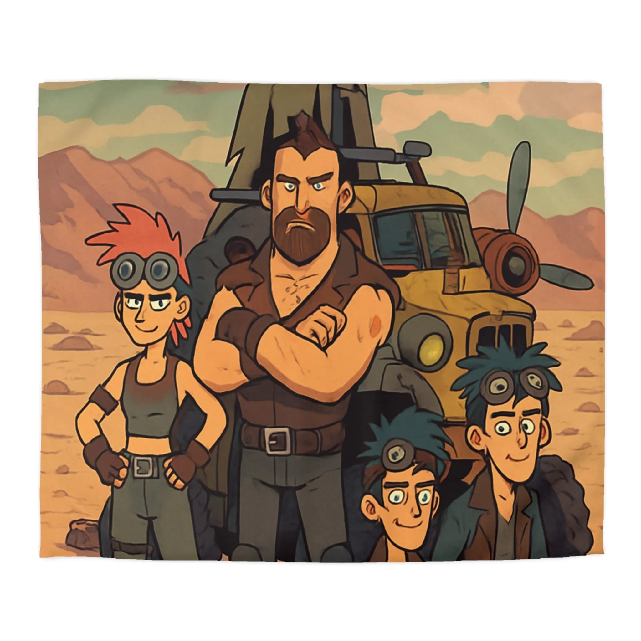 Housse de couette aventure désertique avec personnages et véhicule, style post-apocalyptique