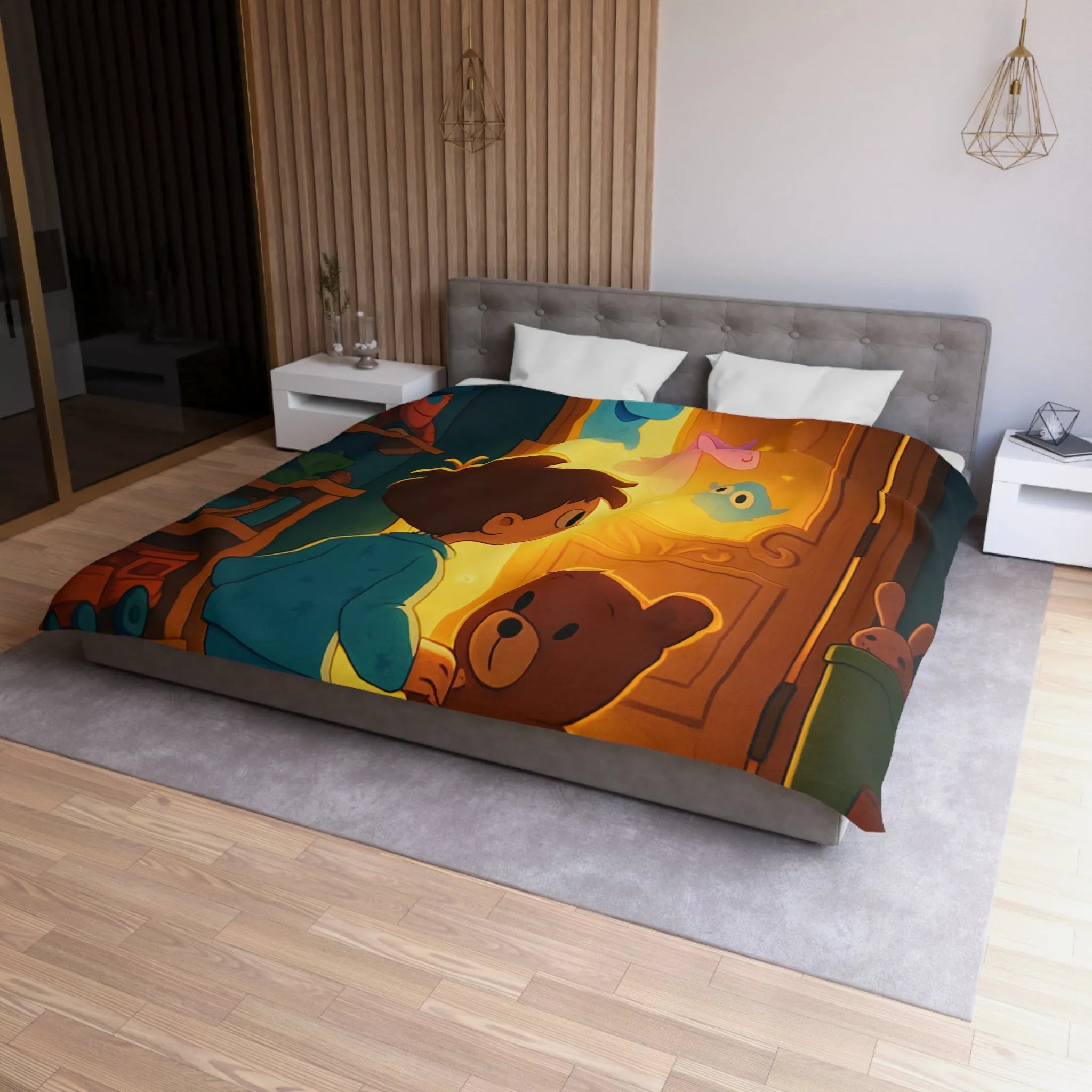 Housse de couette enfant avec motifs lumineux d'animaux magiques en chambre colorée