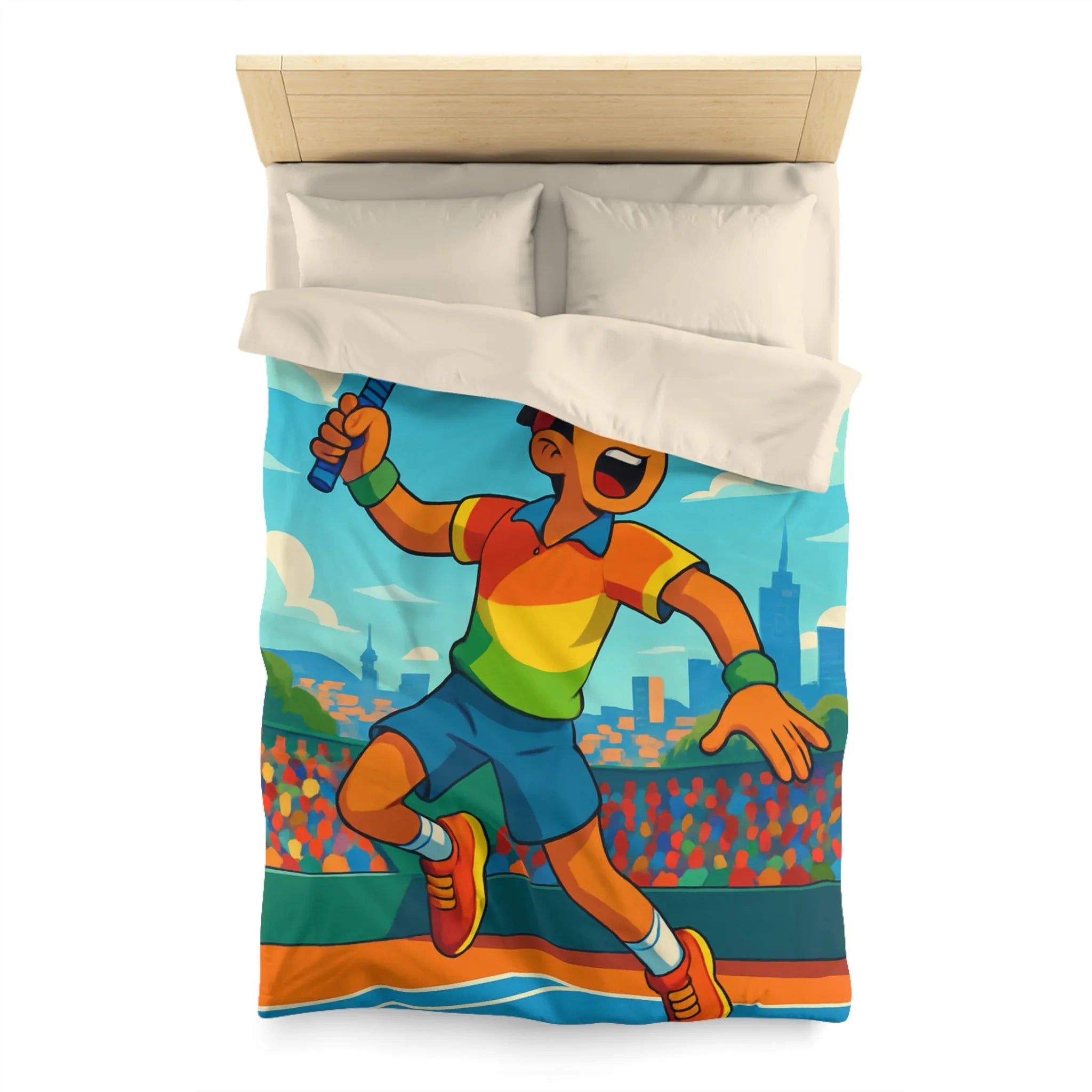 Housse de couette colorée avec joueur de tennis sautant en plein match estival