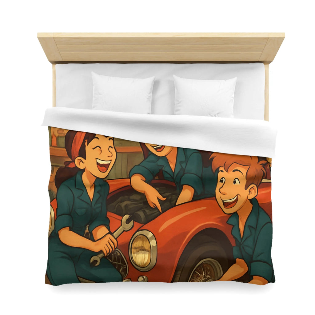 Housse de couette atelier mécanique vintage avec jeunes mécaniciens et voiture rouge joyeuse