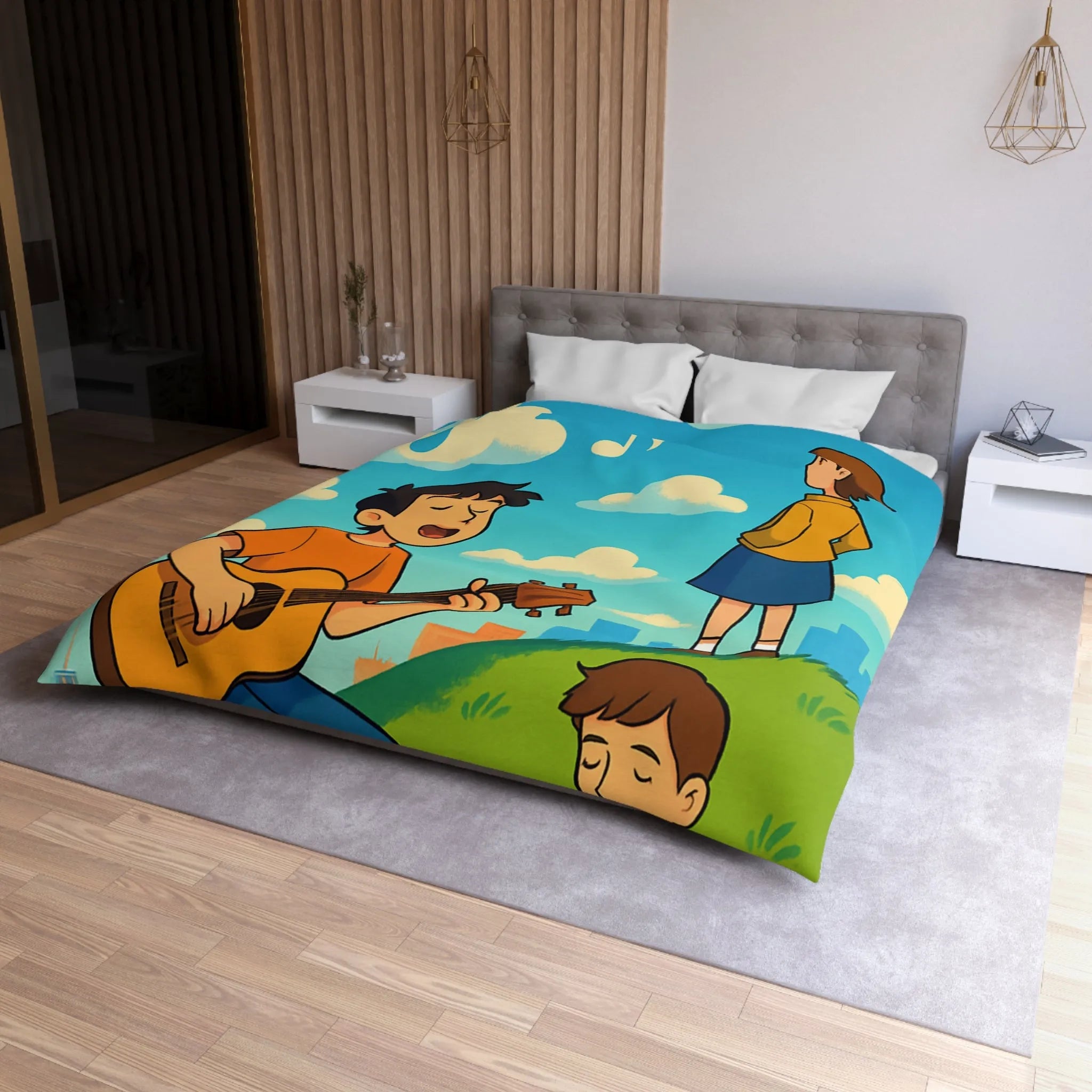 Housse de couette avec personnages chantant et lisant sur colline ensoleillée