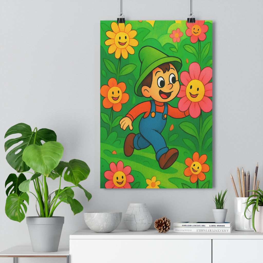 Poster décoratif cartoon enfant fleurs colorées jaune orange rose joyeux chambre ludique 30x46 cm