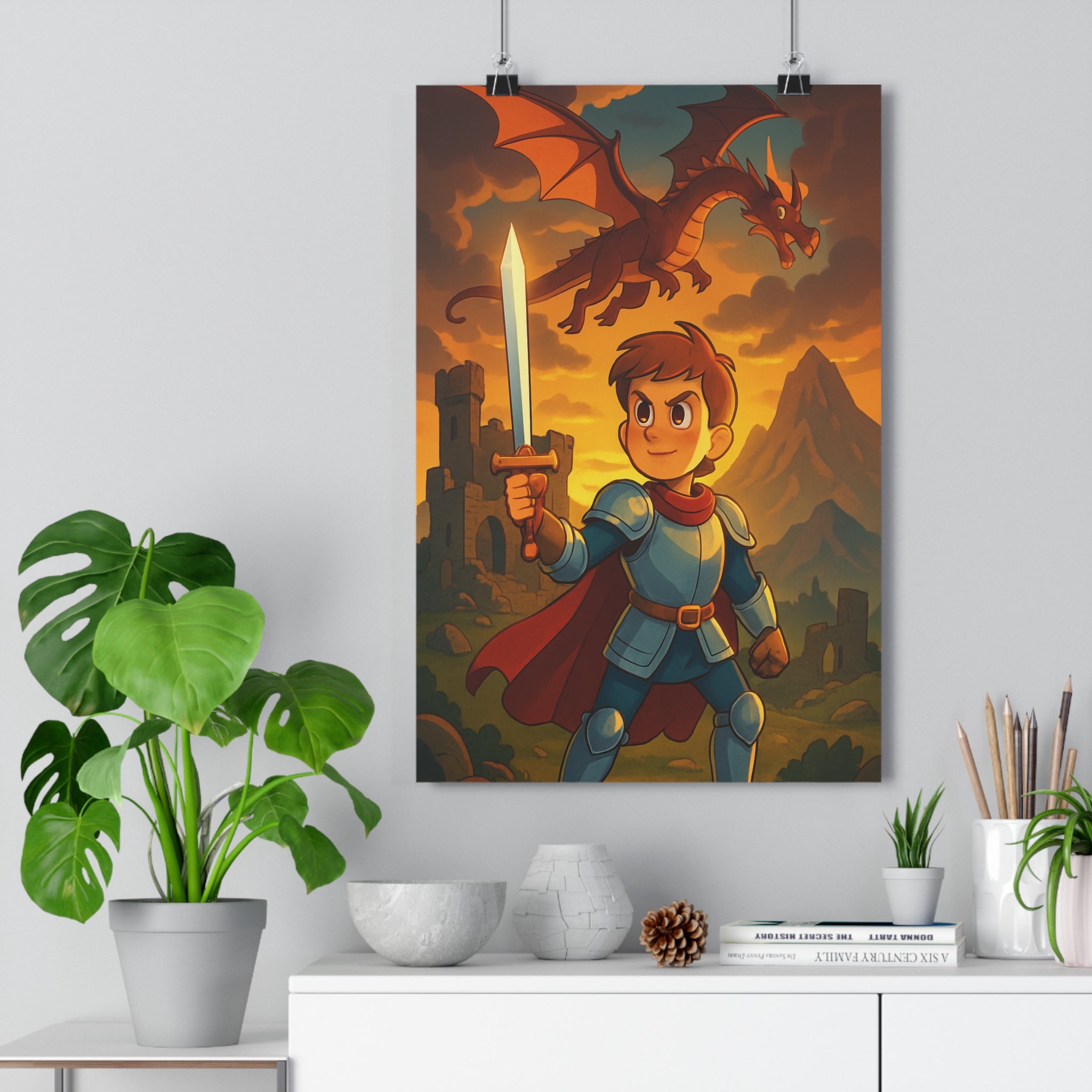 Poster décoratif guerrier épée dragon aventure montagne ruines château dessin animé coloré épique chambre